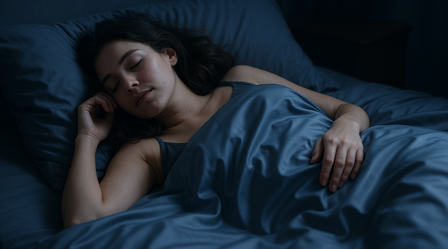 A young woman sleeps peacefully in a bed with dark blue sheets.