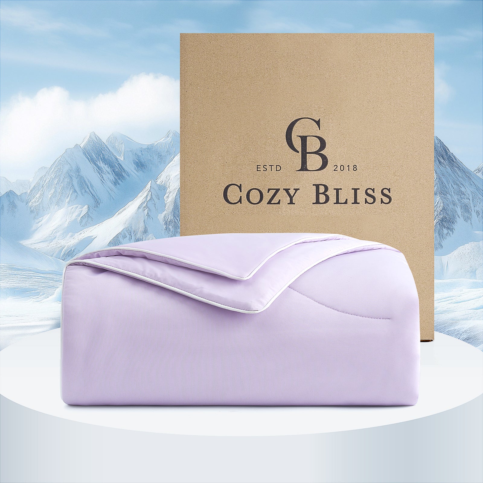 Cozy Bliss lavender double-sided cooling comforter with logo, for breathable, cozy sleep. #Color_Lavender Purple