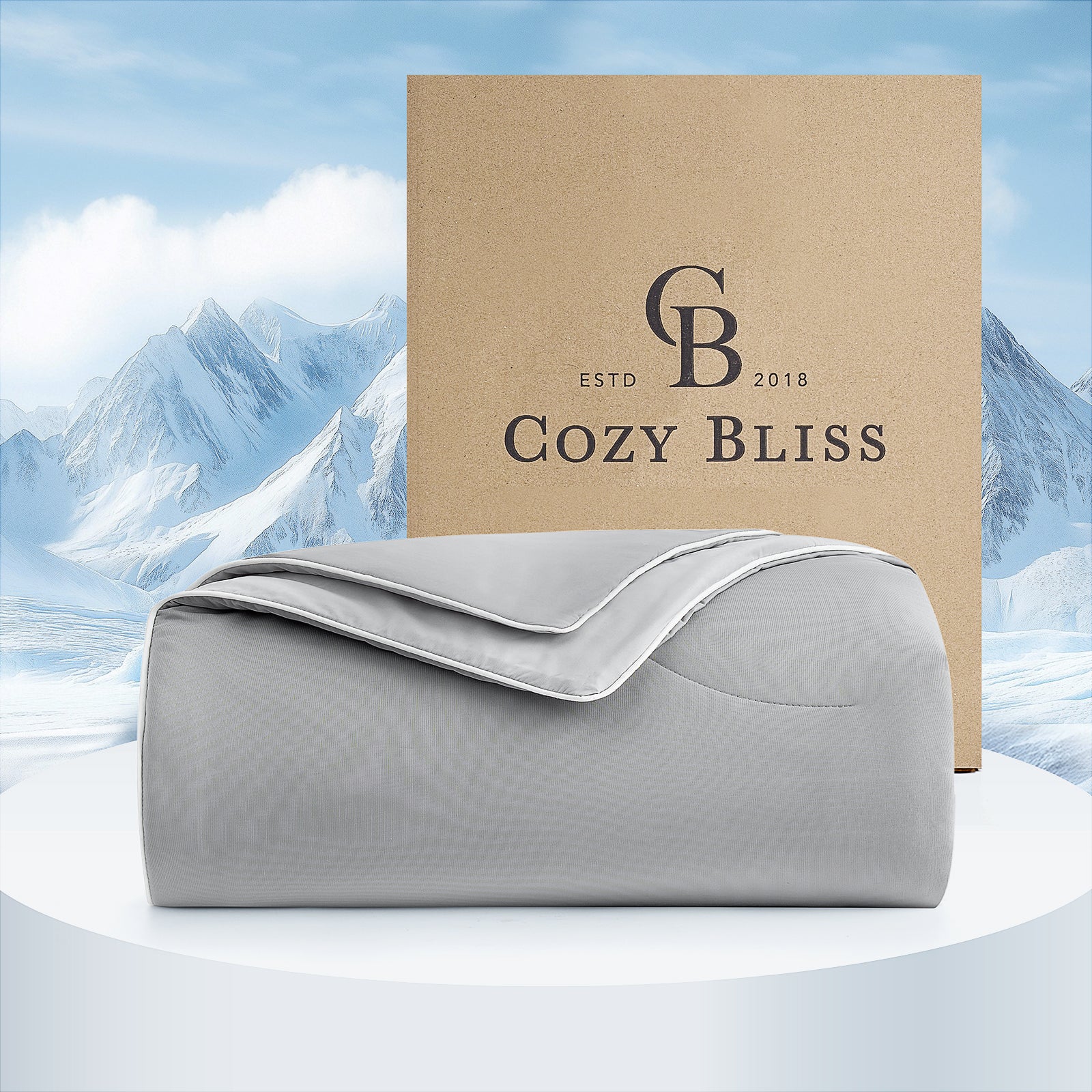 Cozy Bliss double-sided cooling comforter in gray with logo, promotes cool sleep, breathable blanket #Color_Cool Grey