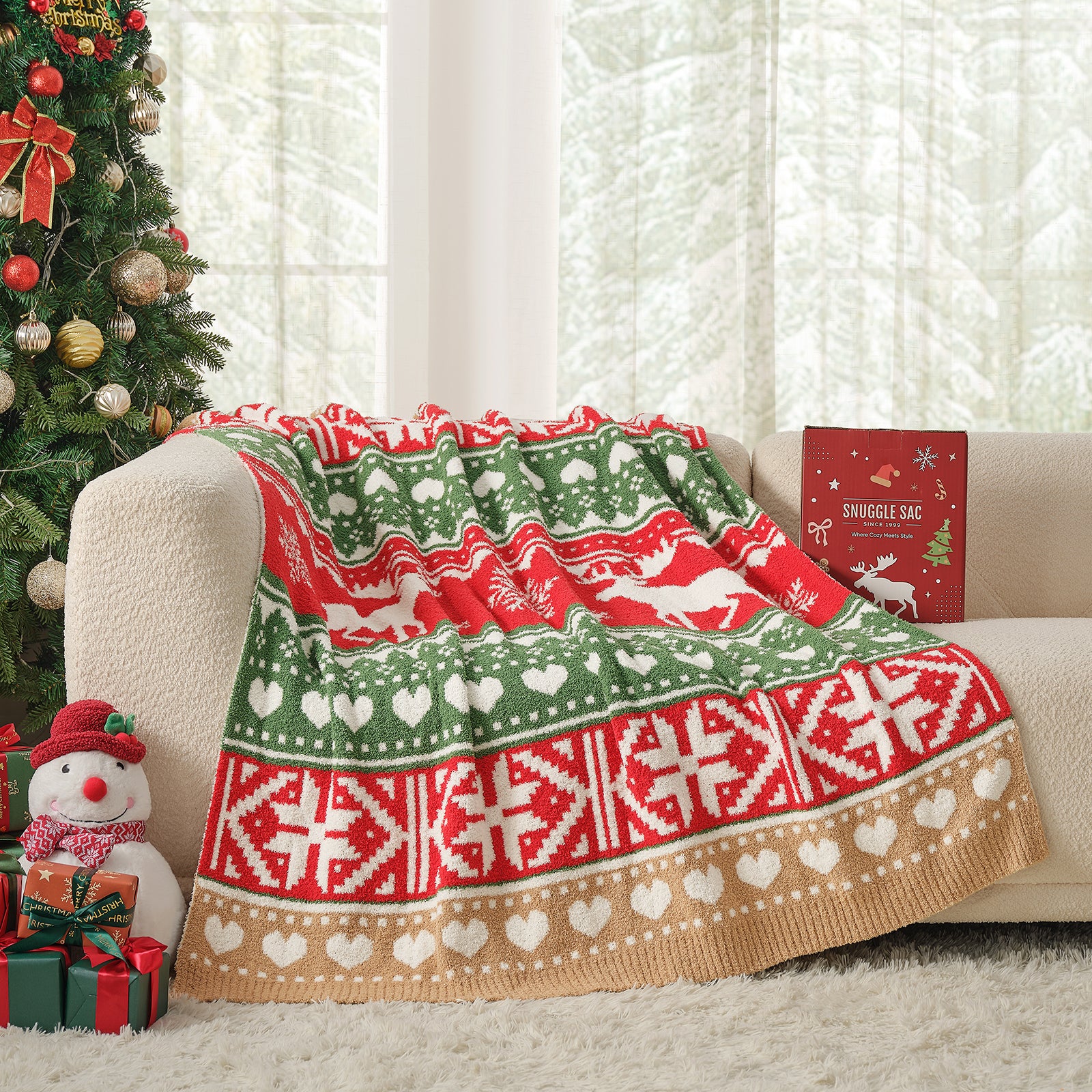 Cozy Bliss x SS Reversible Fairy Isle Reindeer Feather Yarn Throw Blanket