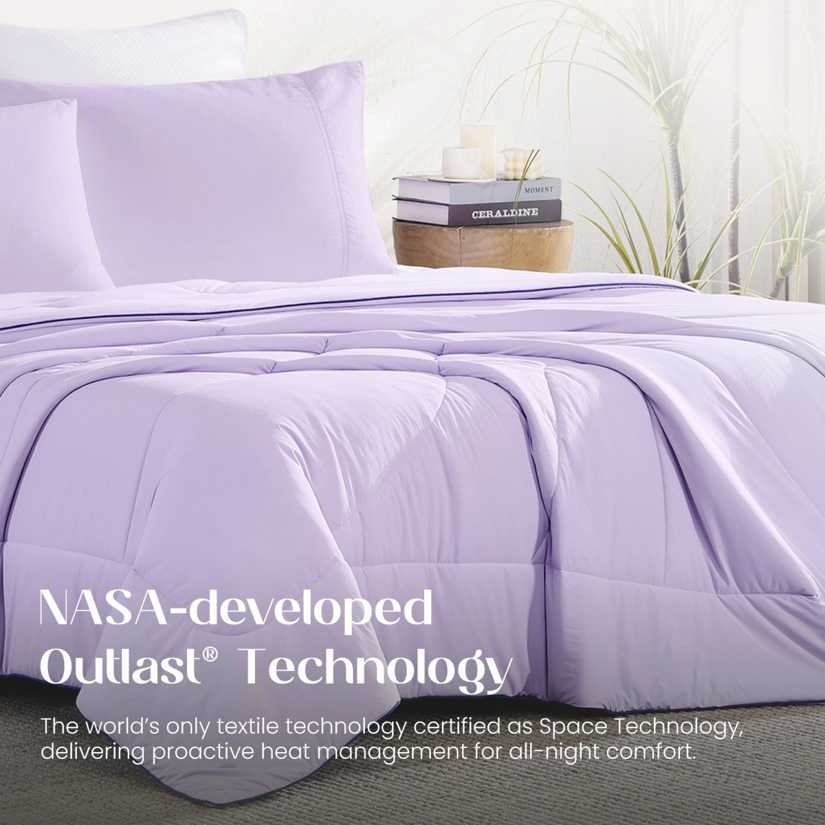 Purple comforter on a bed with 'NASA-developed Outlast Technology' text.#color_Purple