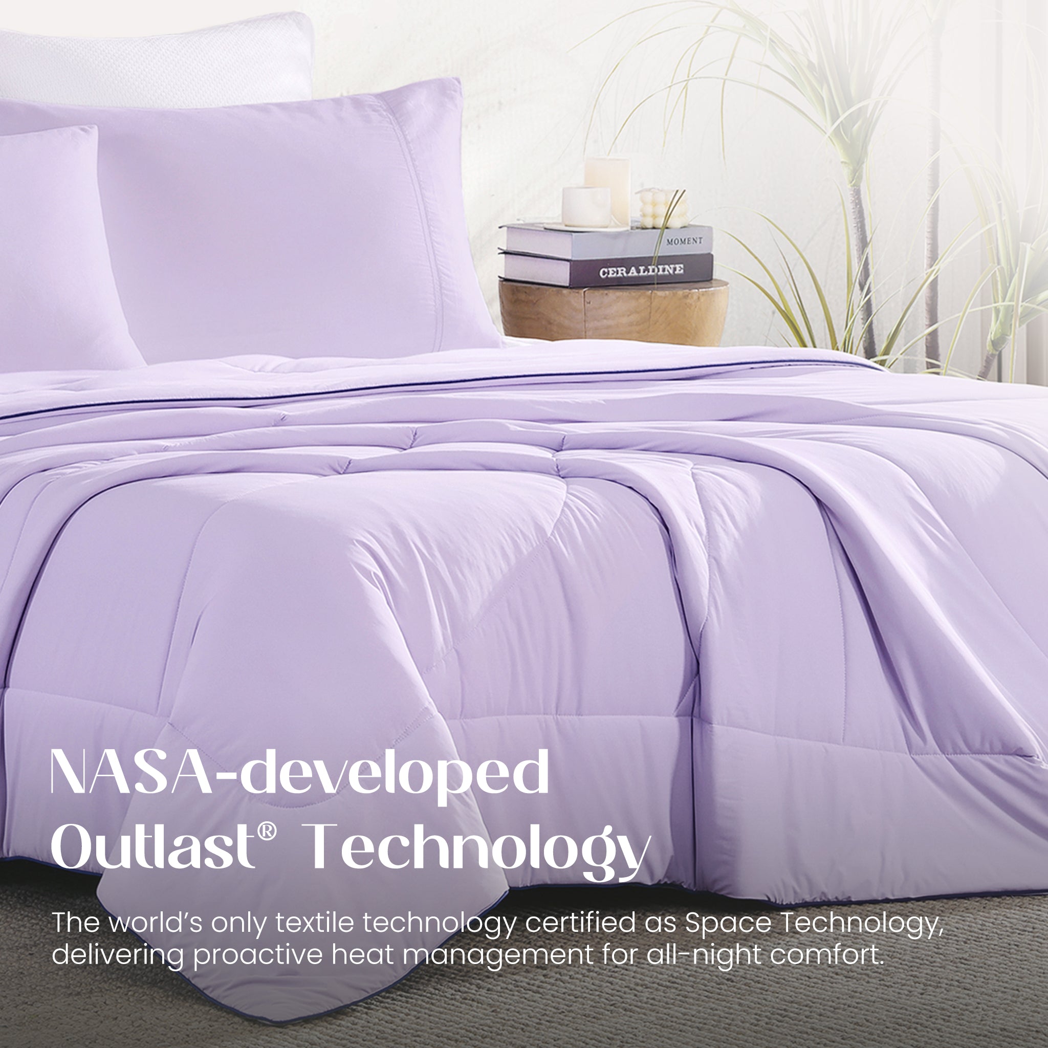 Purple comforter on a bed with 'NASA-developed Outlast Technology' text.#color_Purple