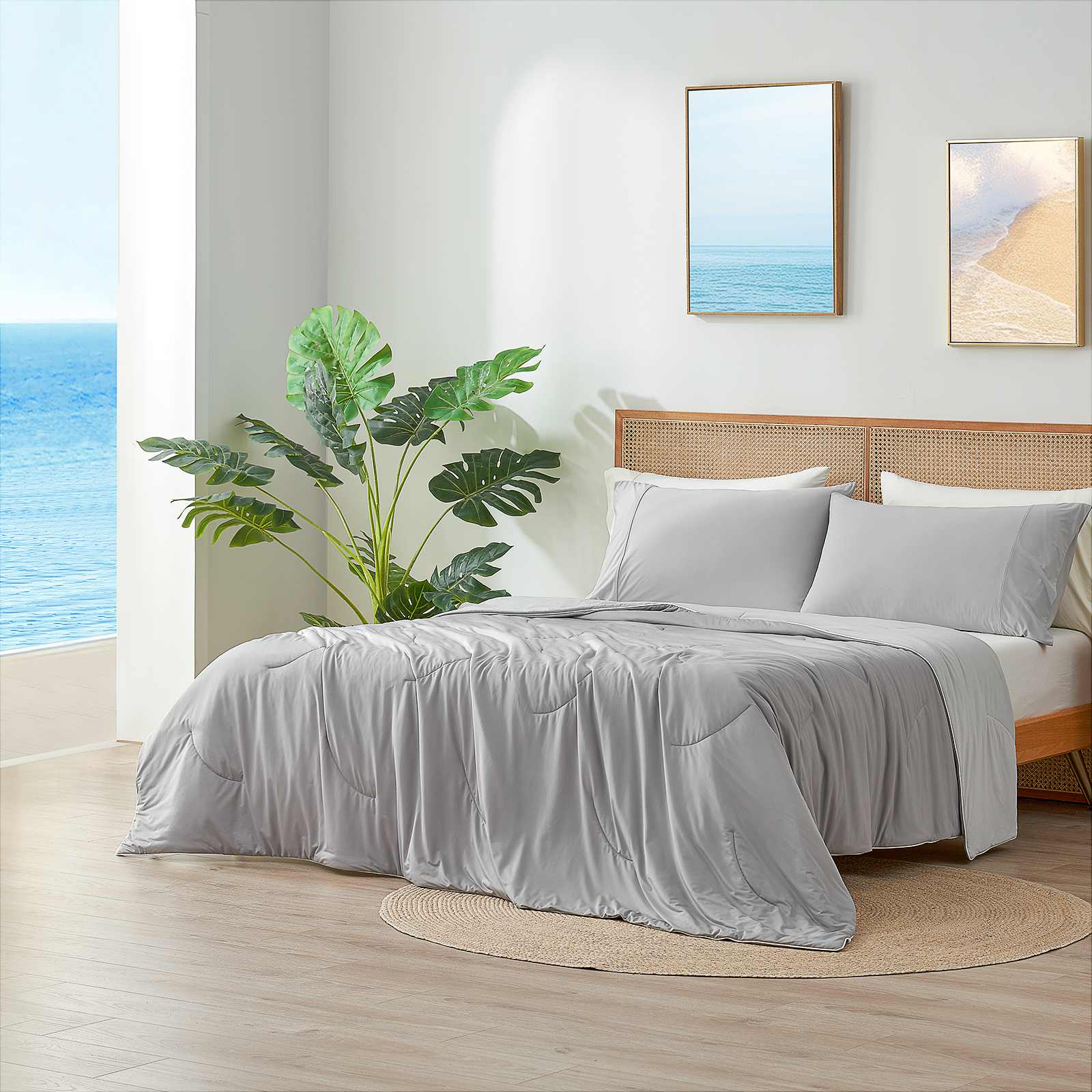 Light grey cooling comforter on bed. Breathable, cozy bedding. Perfect for hot sleepers. Cozy Bliss. #Color_Cool Grey