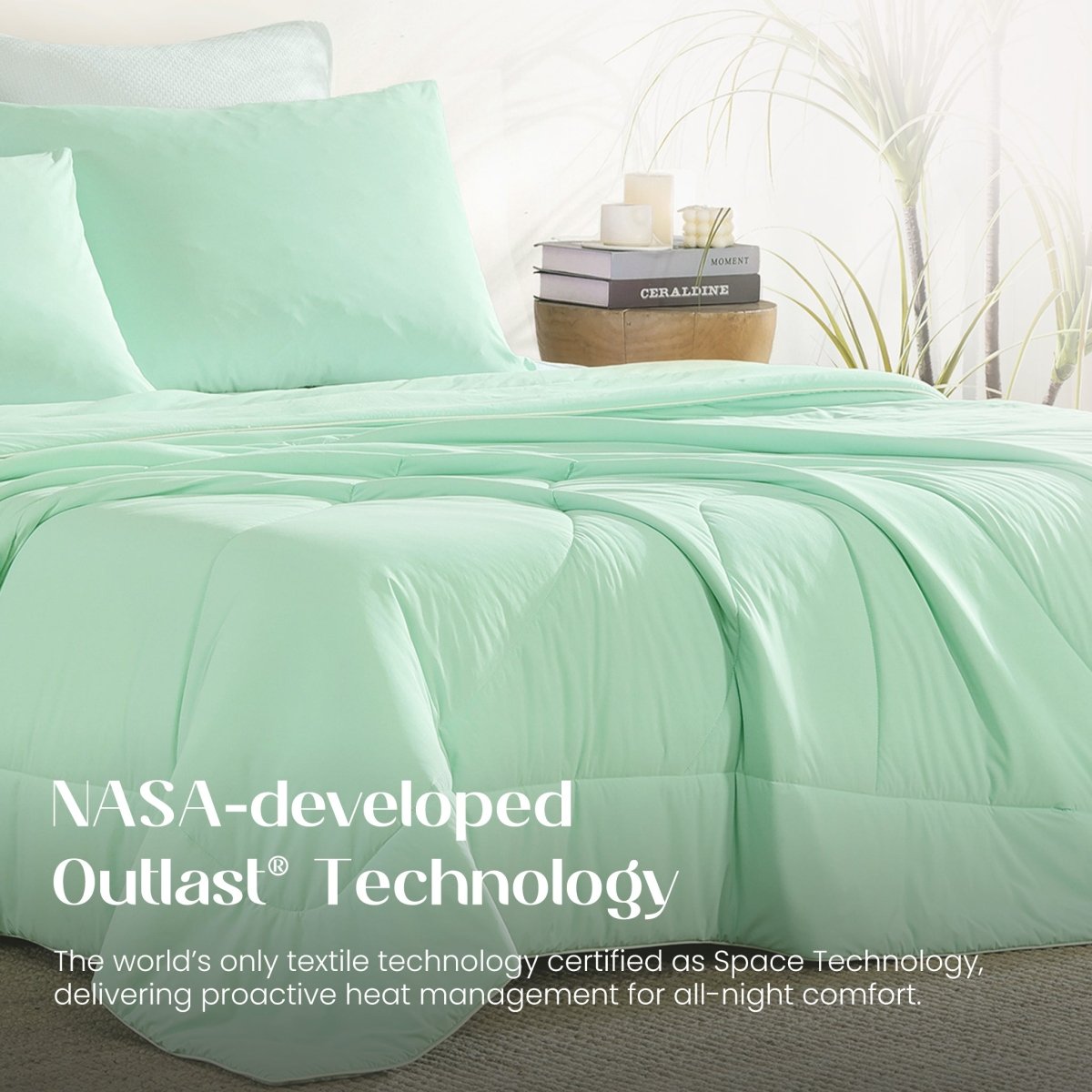 Mint green comforter on a bed with 'NASA-developed Outlast Technology' text.#color_Mint Macaron