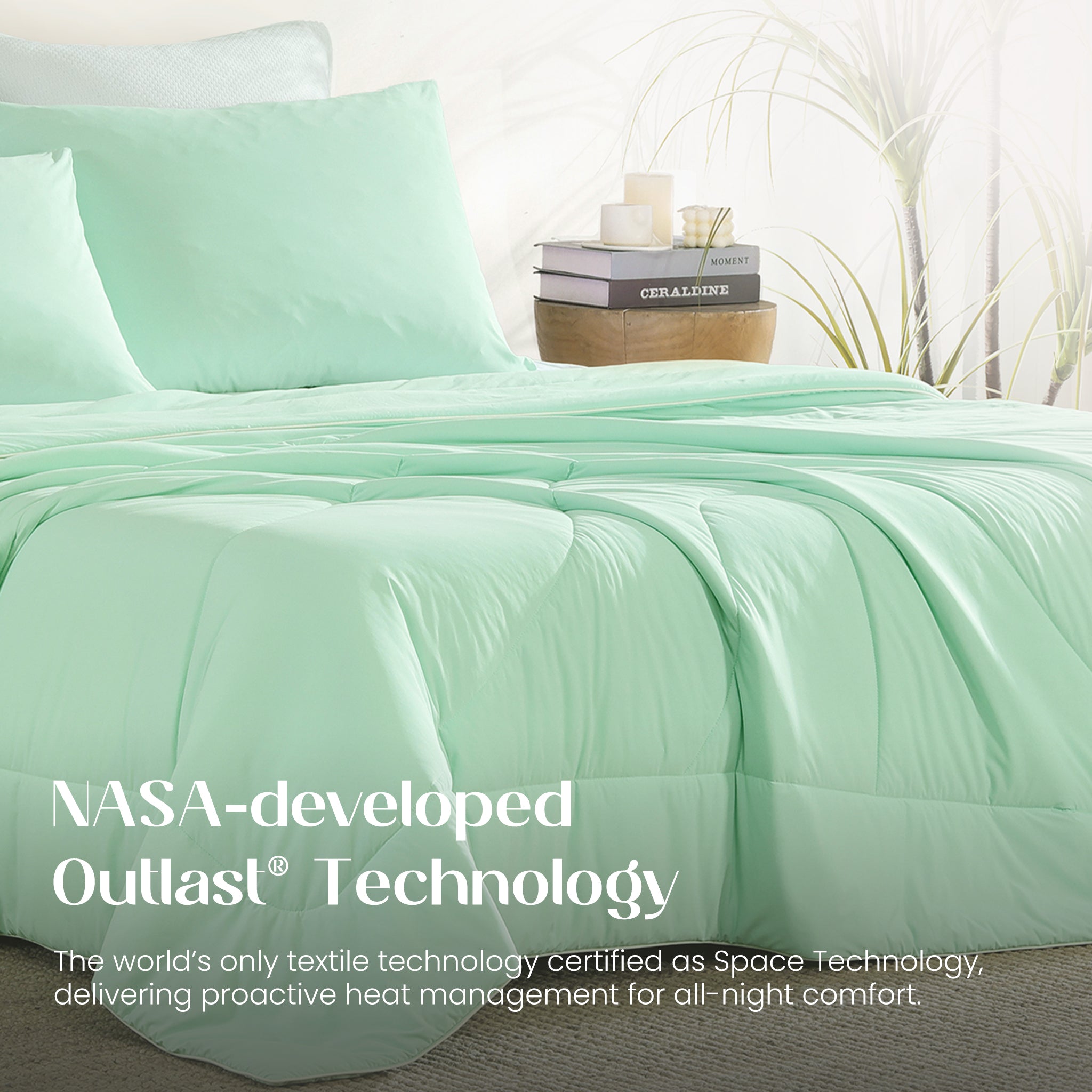Mint green comforter on a bed with 'NASA-developed Outlast Technology' text.#color_Mint Macaron