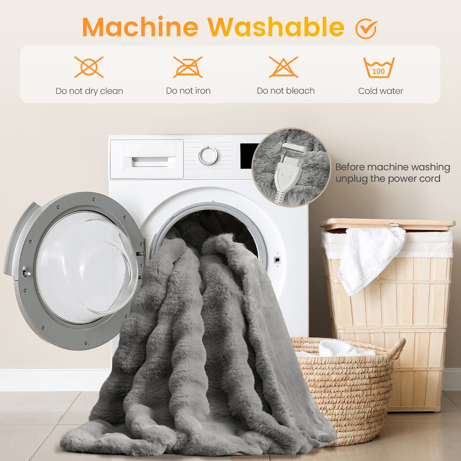 Washing machine with gray fabric inside, next to a wooden basket with white towels, on a light background. #color_Light Grey