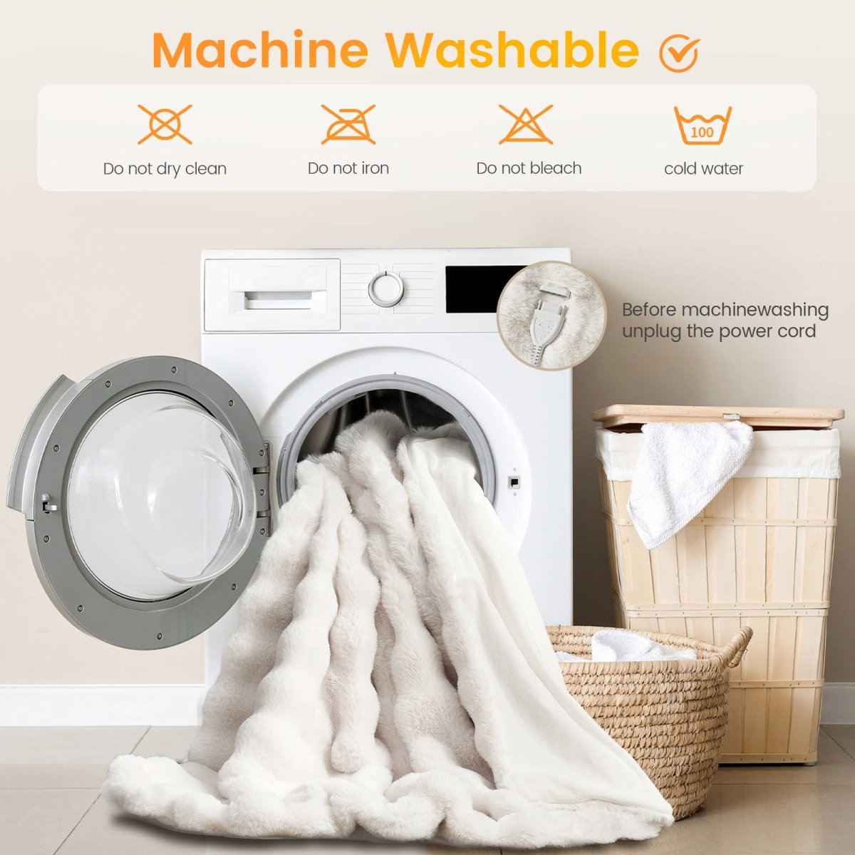 Cozy bliss bubble faux fur heated electric blanket is machine washable. #color_Cream White
