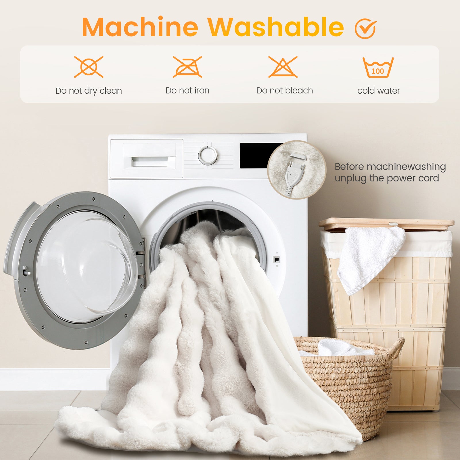 White washing machine with a white towel inside, next to a wooden basket with more towels, on a light background. #color_Cream White