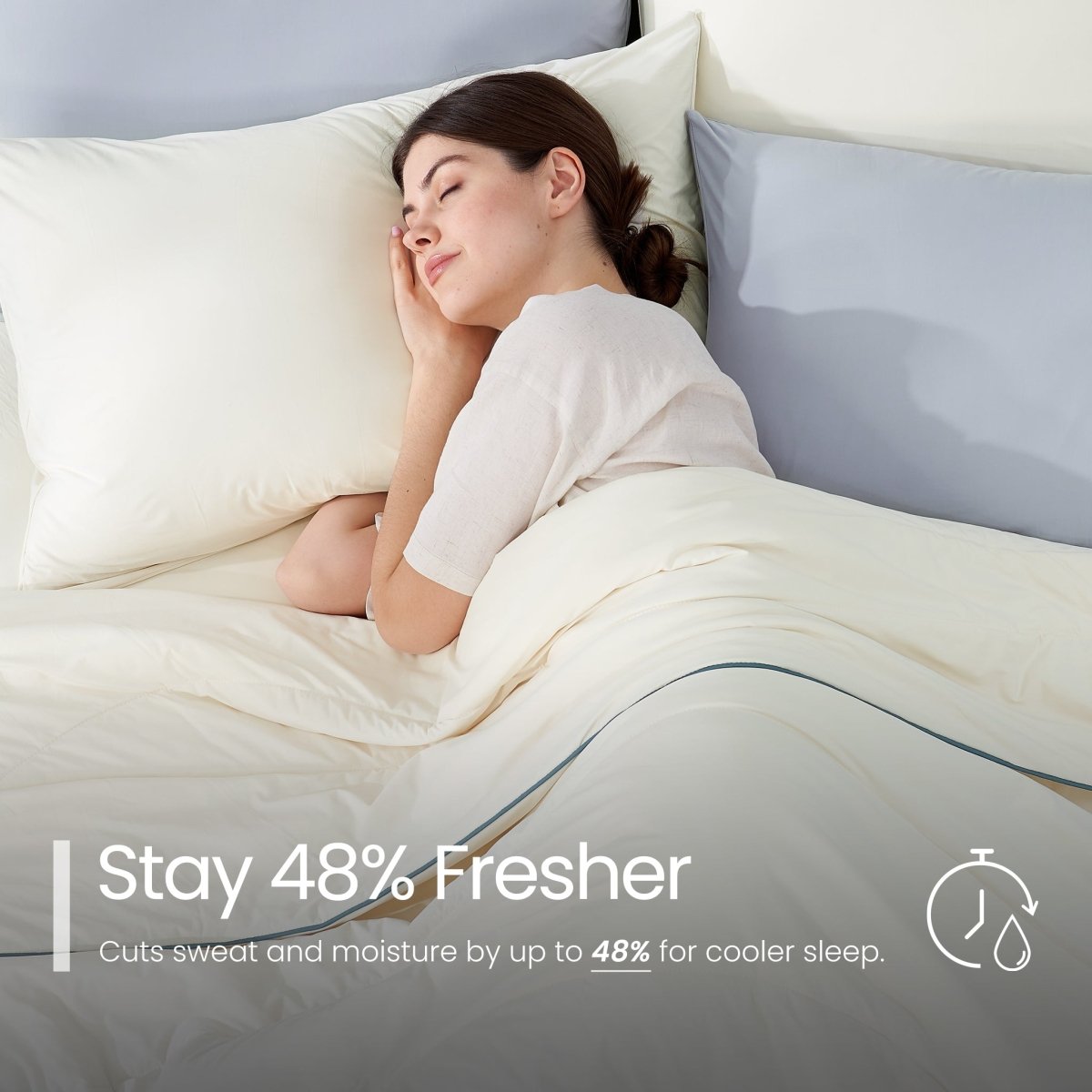 Woman sleeping on a bed with text about staying fresher#color_Ivory
