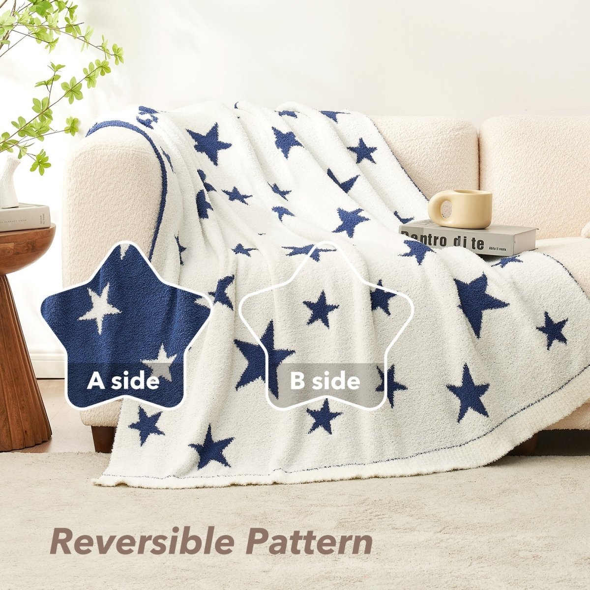 Reversible Star Feather Yarn Knit Throw Blanket in Navy Blue draped over a sofa, featuring a dual-sided star pattern for versatile styling and cozy comfort. #color_Navy Blue