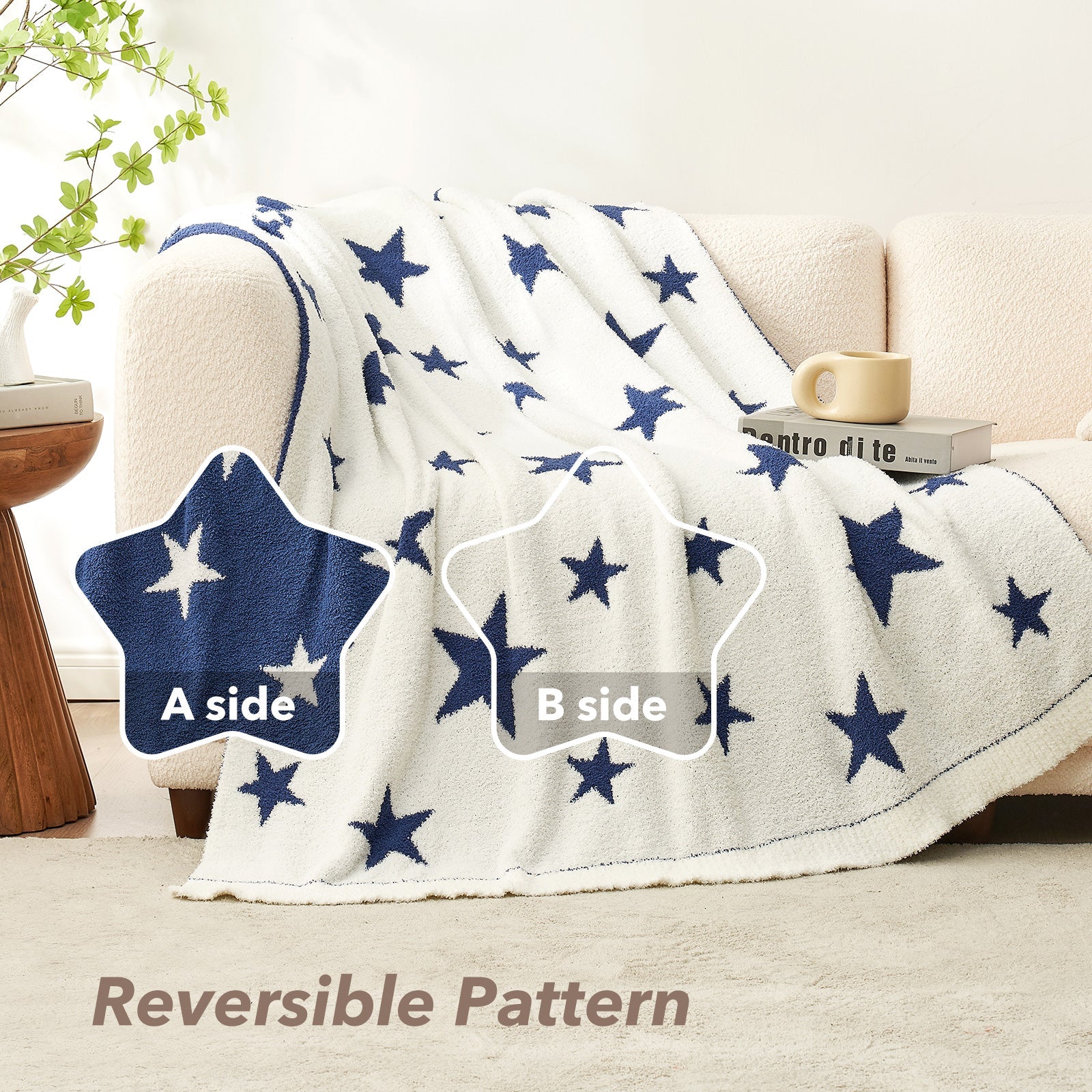 Reversible Star Feather Yarn Knit Throw Blanket