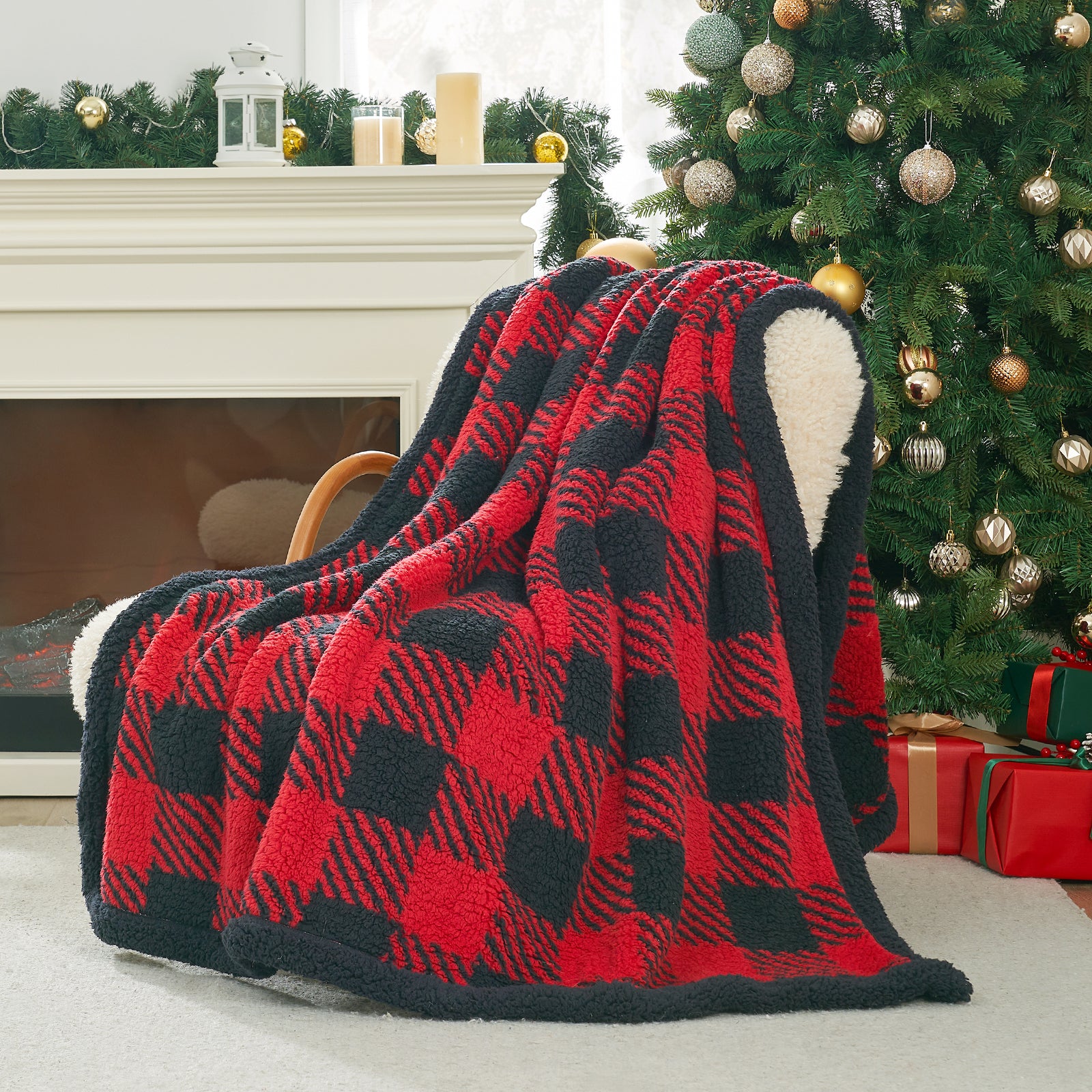 Red and black plaid blanket draped over a chair in front of a Christmas tree with presents. #Color_Red/Black Buffalo Check