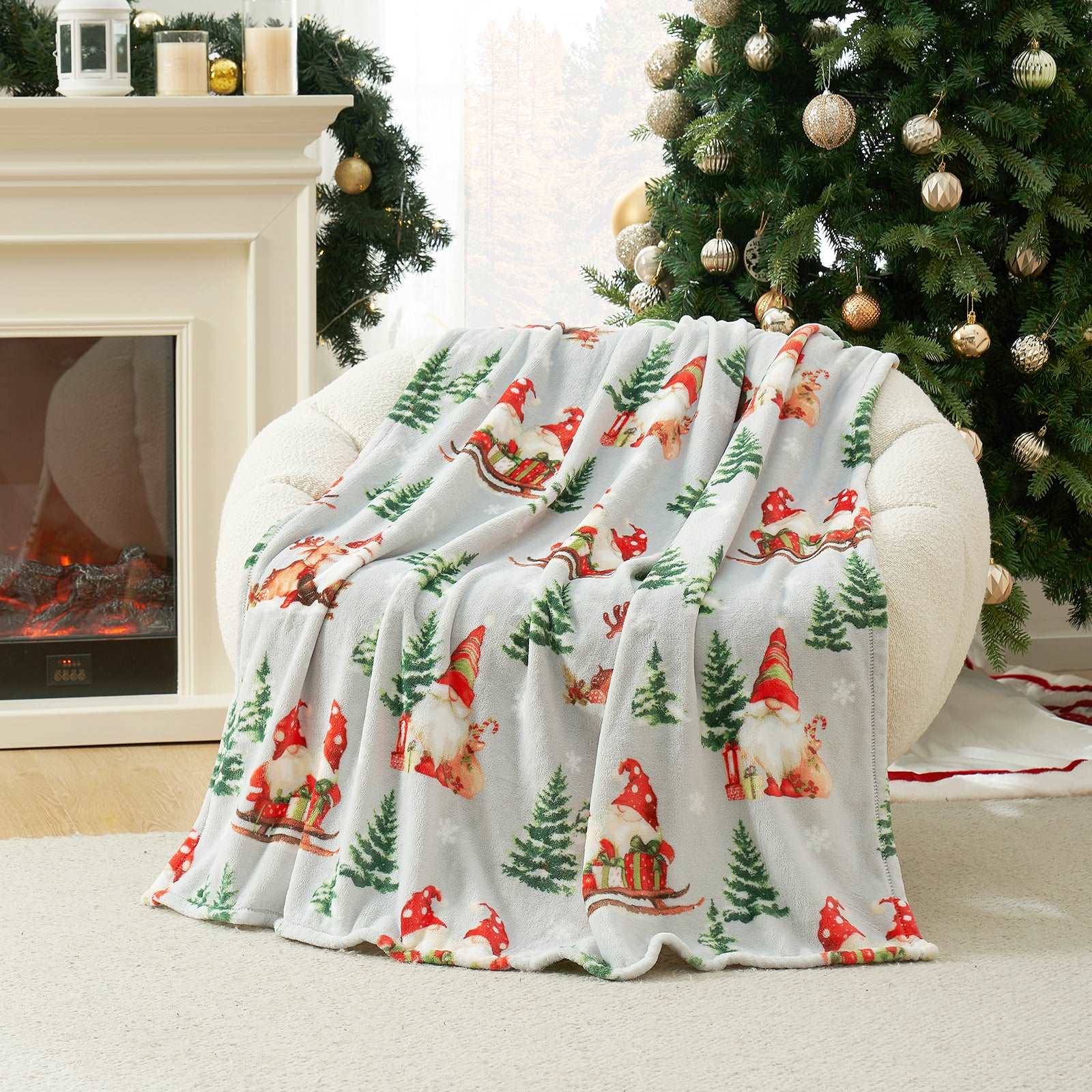 Christmas gnome throw blanket on a white chair near a Christmas tree, cozy home decor, soft blanket #color_ Gnome in Sleigh