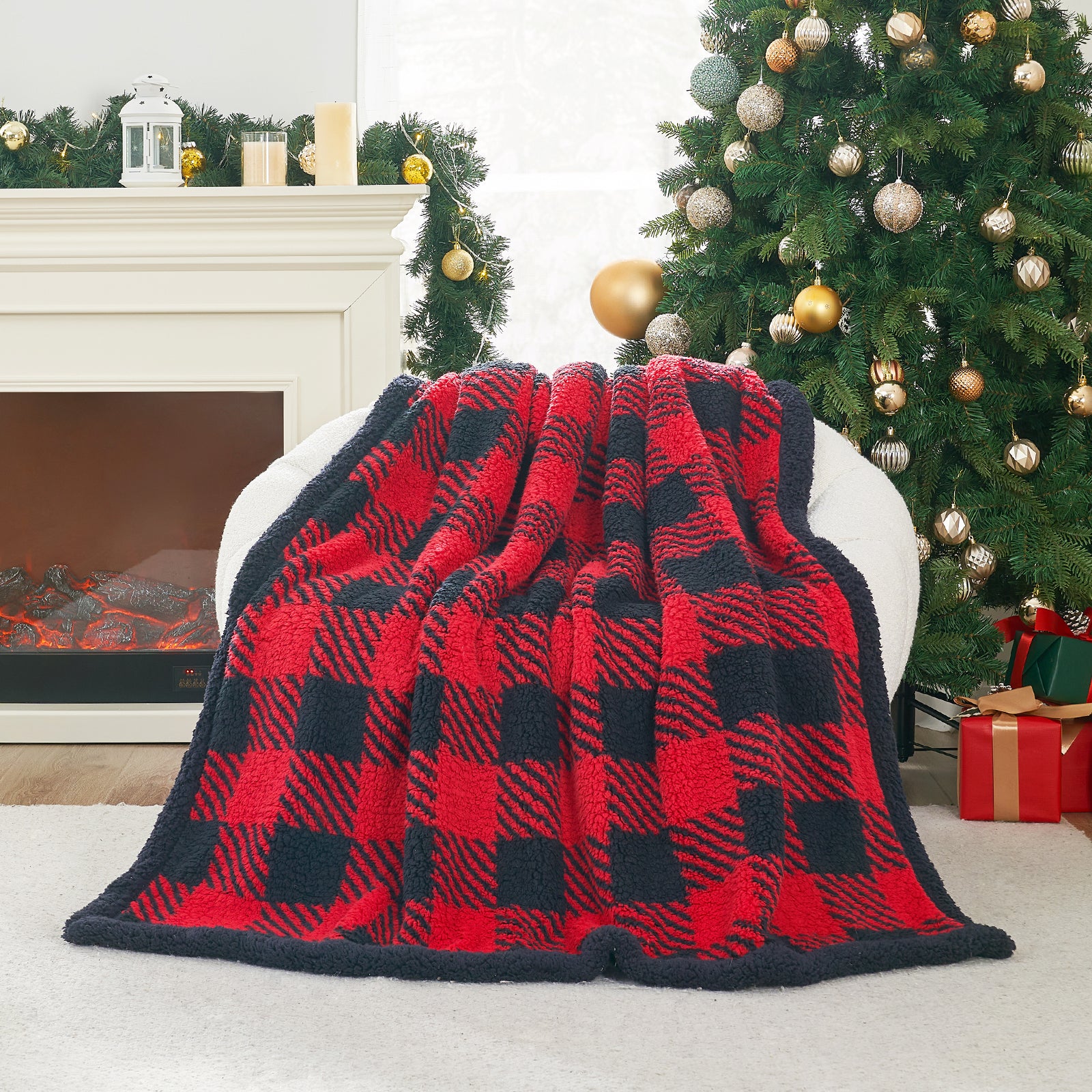 Red and black plaid blanket draped over a chair in a festive living room with a Christmas tree and fireplace. #Color_Red/Black Buffalo Check