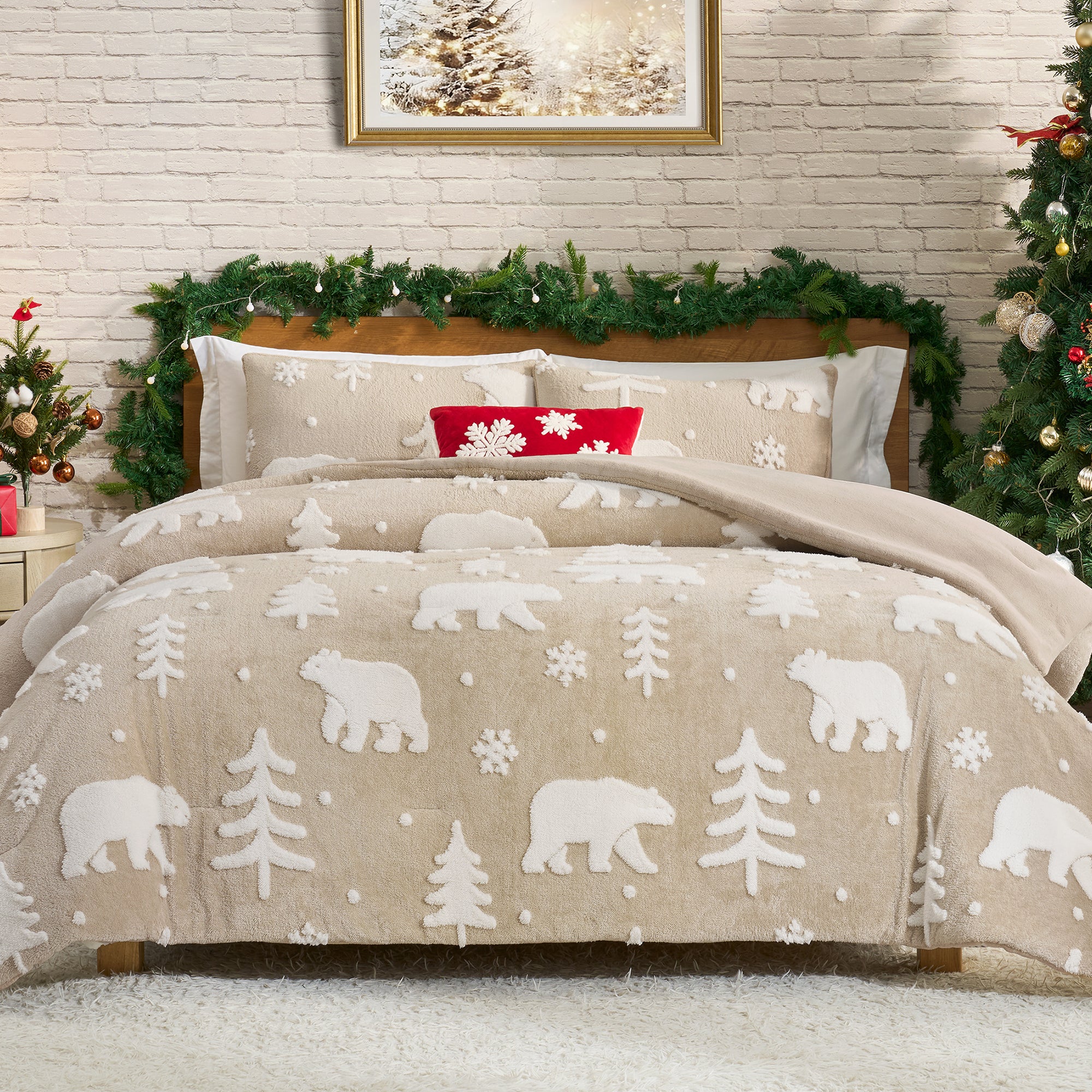 Beige comforter with bear and tree pattern on a bed in a decorated room. #Color_Polar Bear