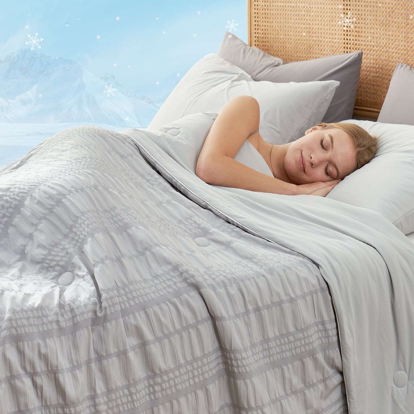 Seersucker Cooling Comforter: Woman sleeping comfortably, breathable and cozy bedding for cool sleep #color_Light Grey