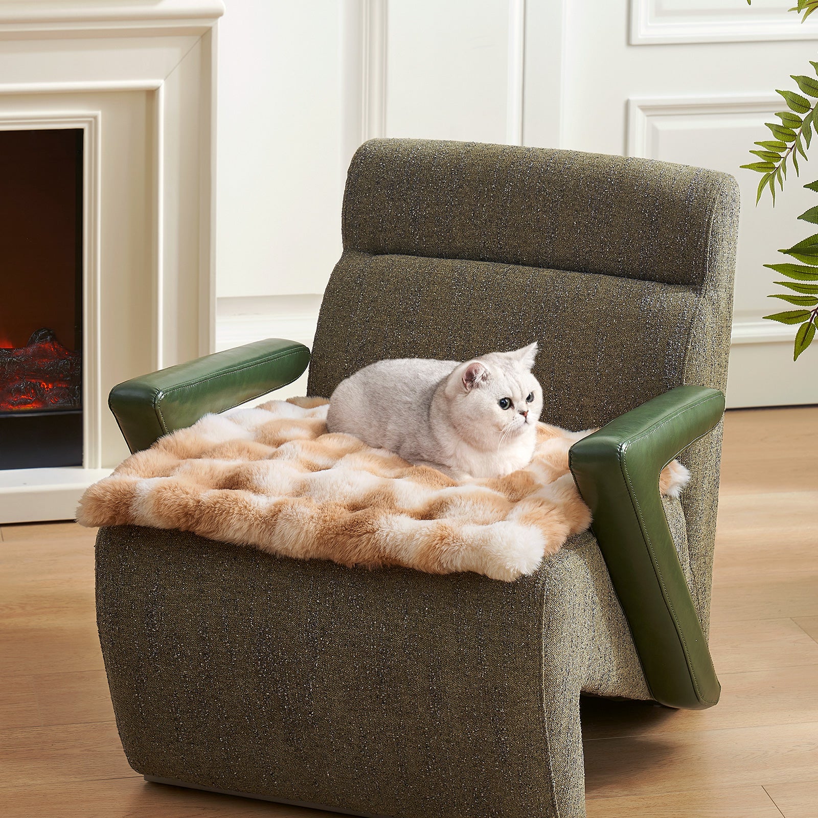 Cat sitting on a tie-dye brown fluffy couch cover on a armchair in a cozy living room.#color_Tie-dye Brown