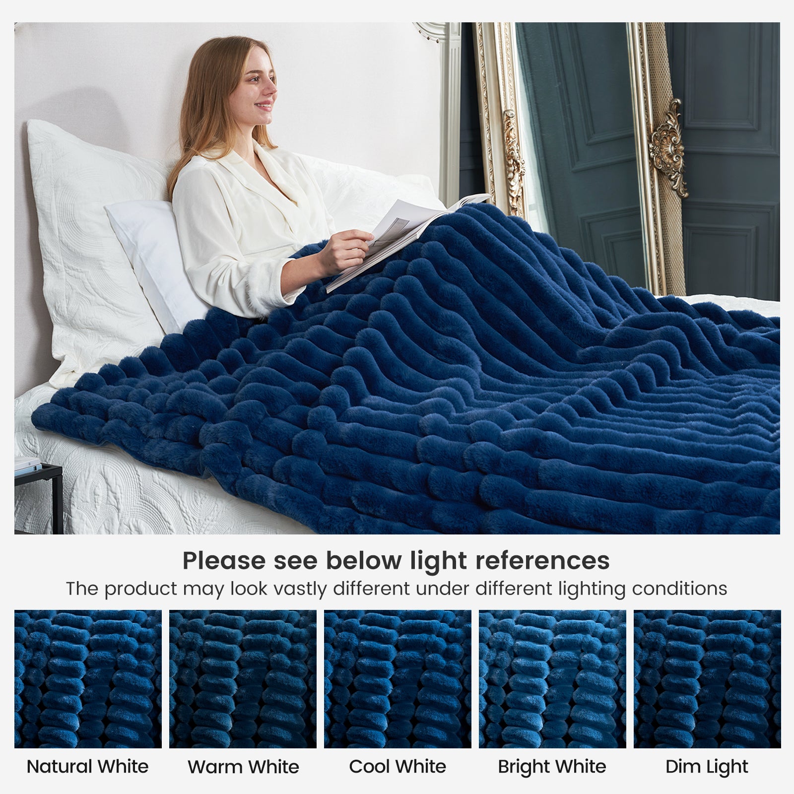 Cozy Bliss Striped Faux Fur Blanket in navy blue, soft and warm, displayed with lighting variations. #color_Navy Blue