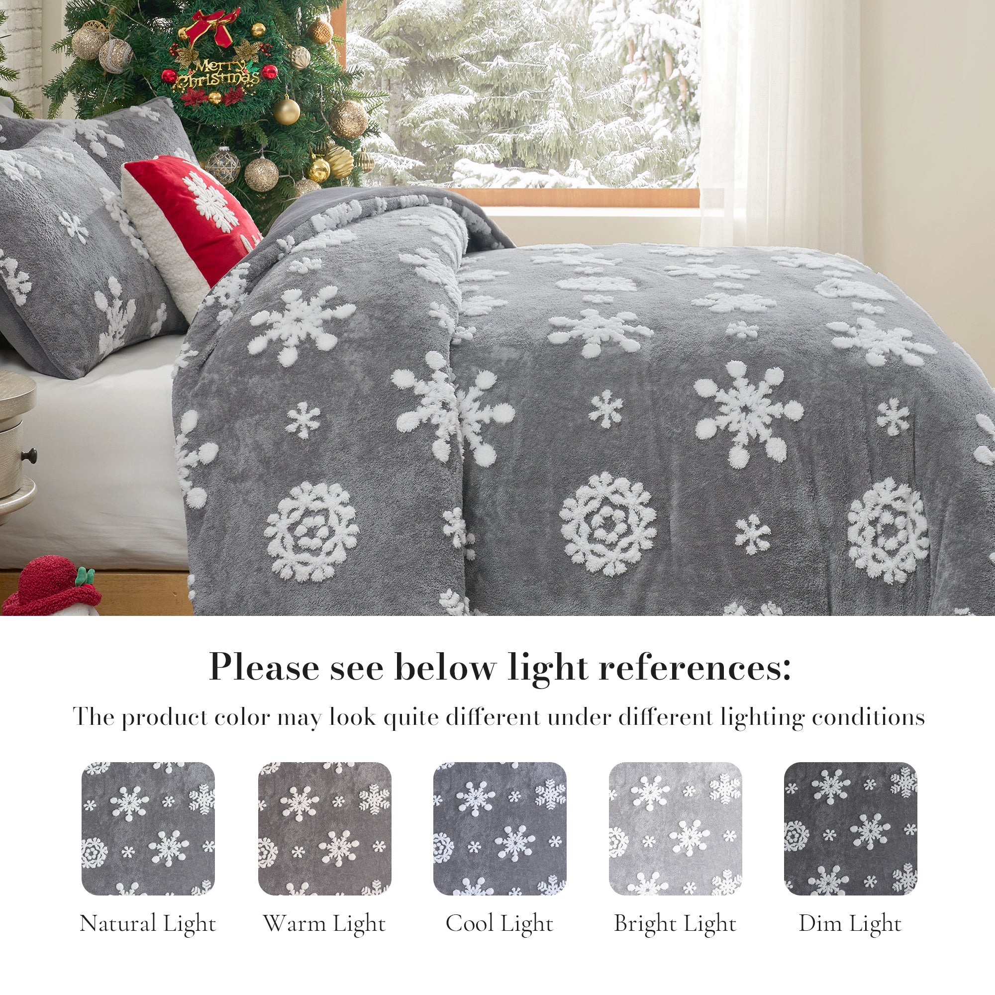 Gray floral-patterned comforter on a bed with Christmas decorations outside the window. #Color_Snowflake Grey