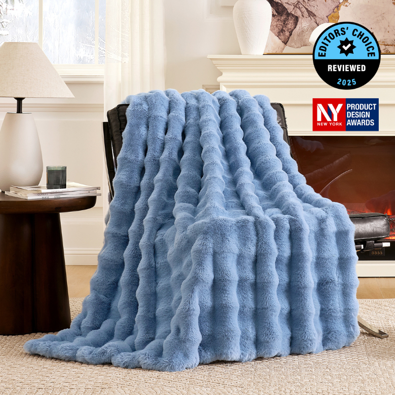 Cozy Bliss Luxurious Bubble Faux Fur Throw Blanket in misty blue front view #color_Misty Blue