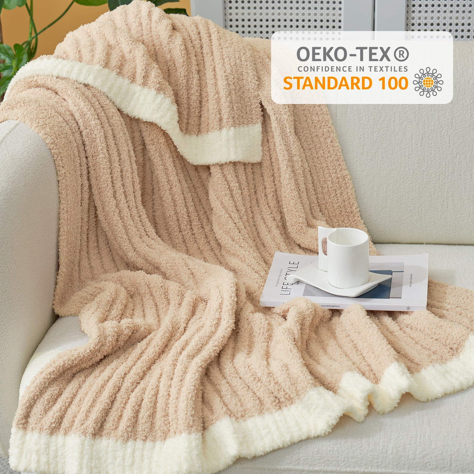 Reversible Soft Ribbed Feather Yarn Throw Blanket