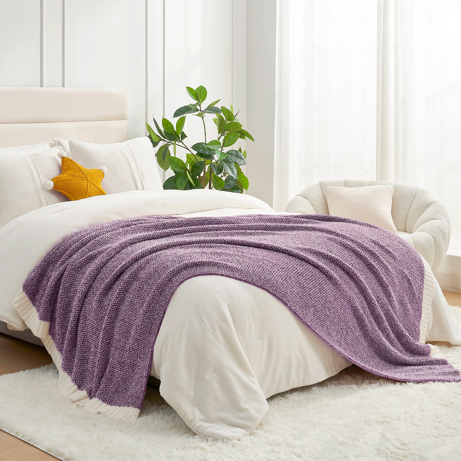 Heather Feather Yarn Throw Blanket in Lilac styled on a bed, enhancing bedroom decor with a soft, elegant and cozy layered look. #Color_Lilac