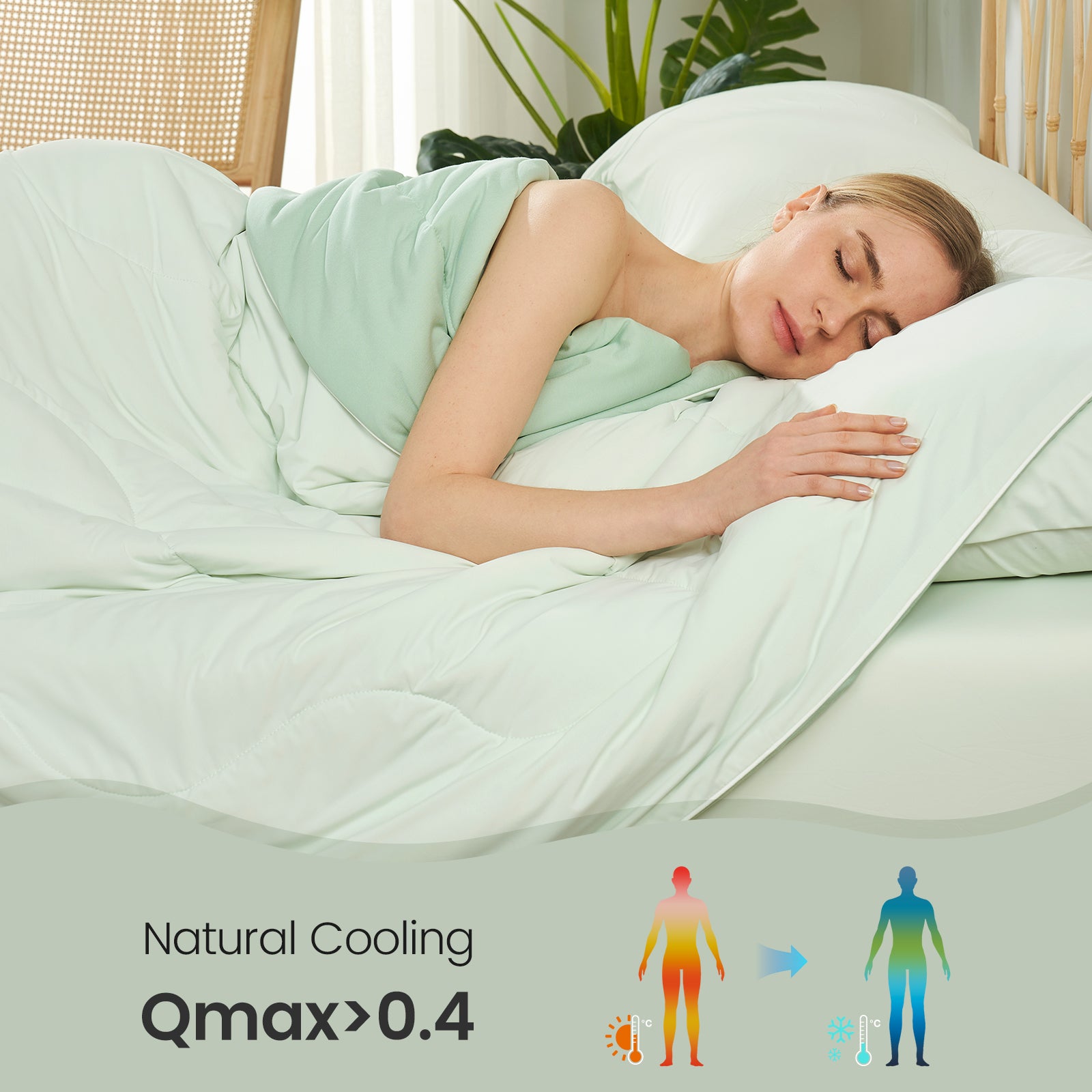 Woman sleeping under a mint green cooling comforter. Experience natural cooling with Qmax>0.4. #color_Mint Green
