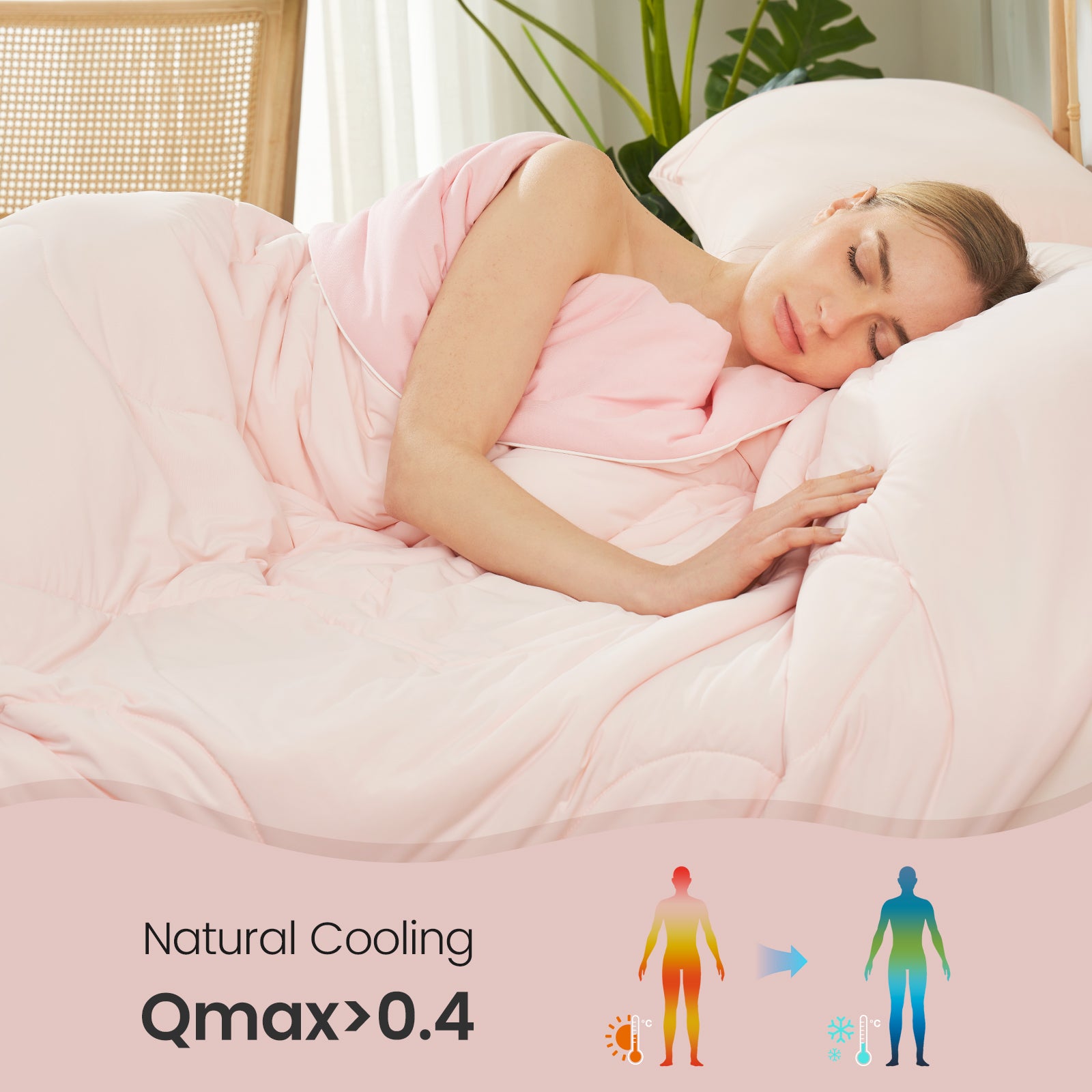 Cozy Bliss Natural Wave Cooling Comforter in pink, keeping sleepers cool with Qmax>0.4 and Sorona filling. #color_Cool Pink