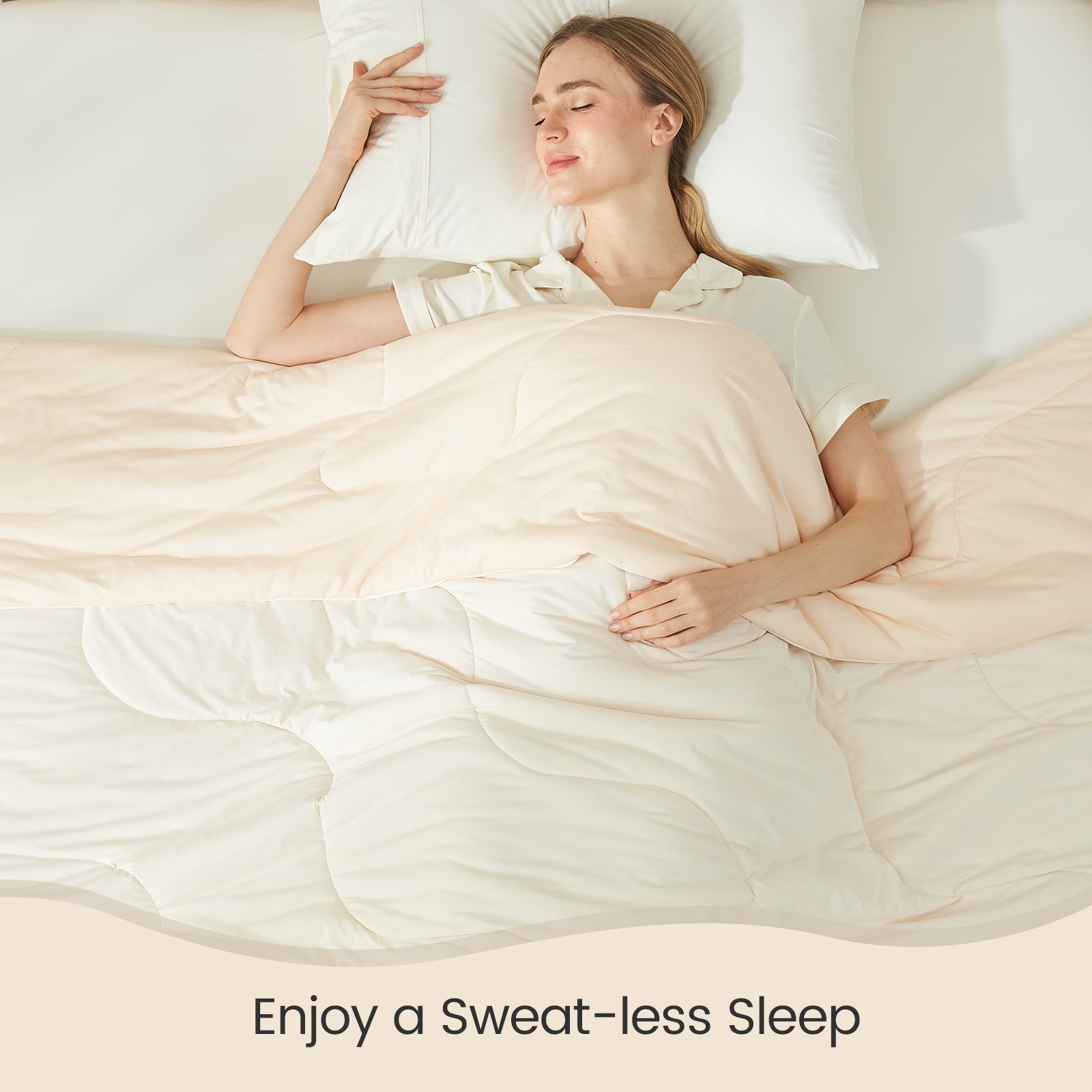 Cooling comforter with sleeping woman. Enjoy Sweat-less Sleep. Lightweight, breathable, for cozy sleep. #color_Ivory