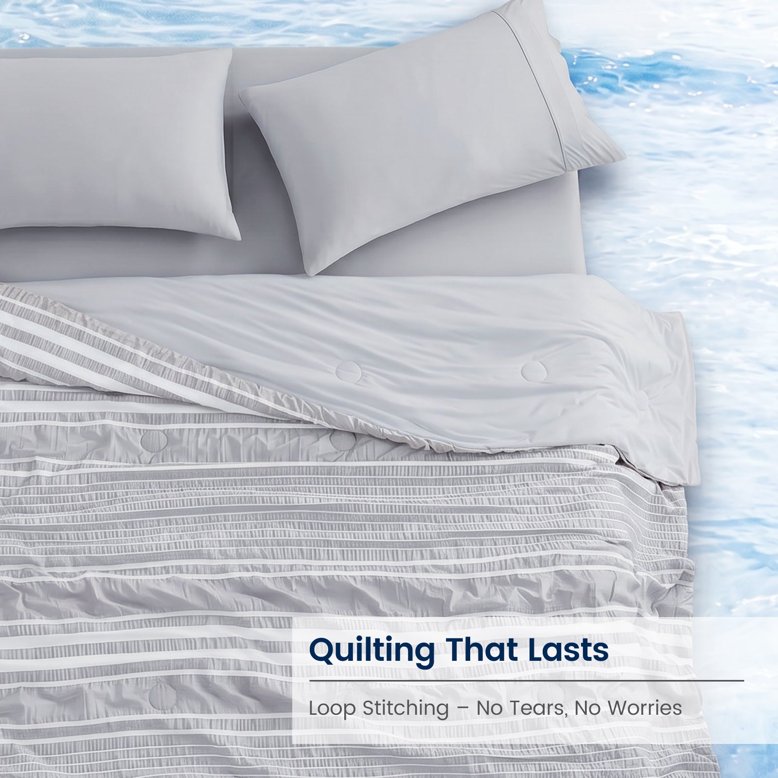 Cooling comforter in Light Grey with durable quilting and striped seersucker texture #color_Light Grey