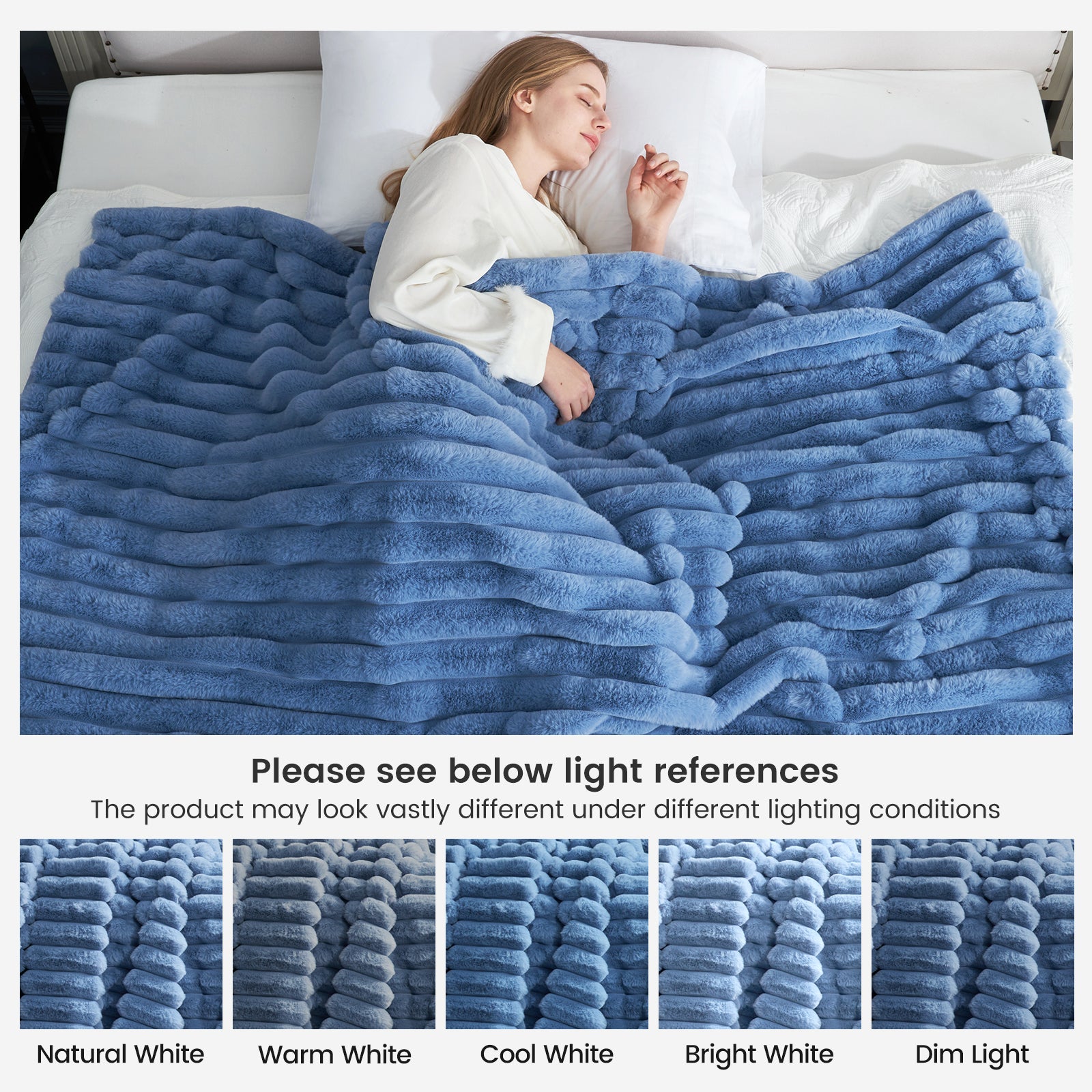 Cozy Bliss blue striped faux fur blanket with woman sleeping, showcasing light variations, cozy bedding #color_Light Blue