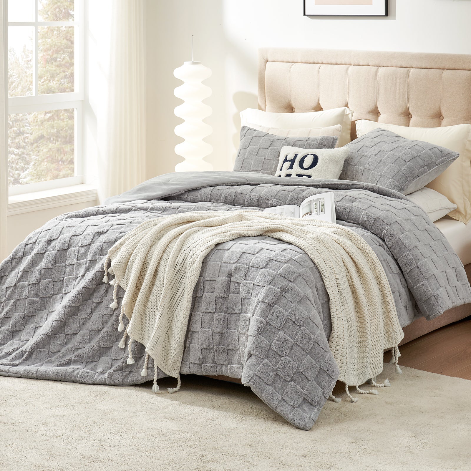 Cozy Bliss gray sherpa comforter set on bed