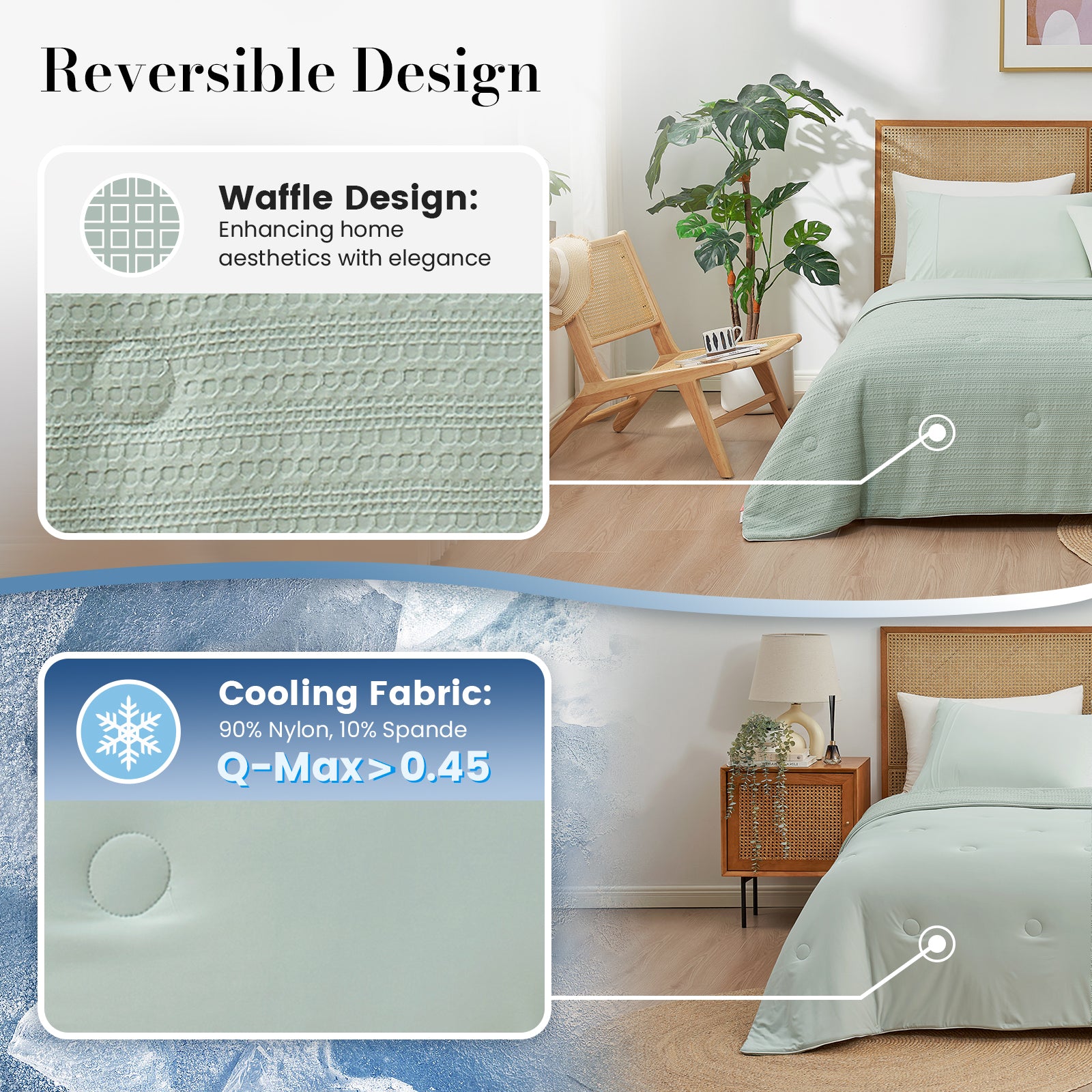 Dual sided waffle cooling comforter design that improves airflow and heat dissipation.#color_Sage Green