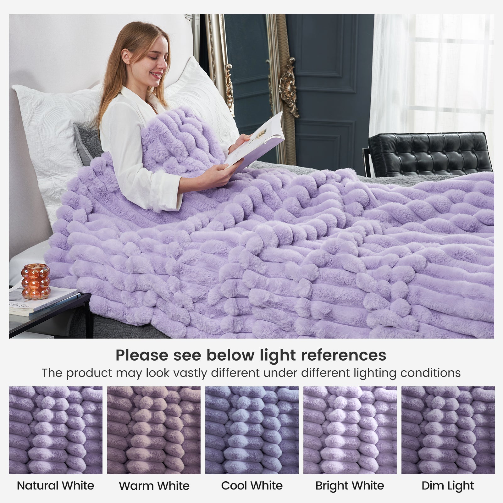 Cozy Bliss lavender striped faux fur blanket, woman relaxing; product color under varied lighting. #color_Lavender Purple
