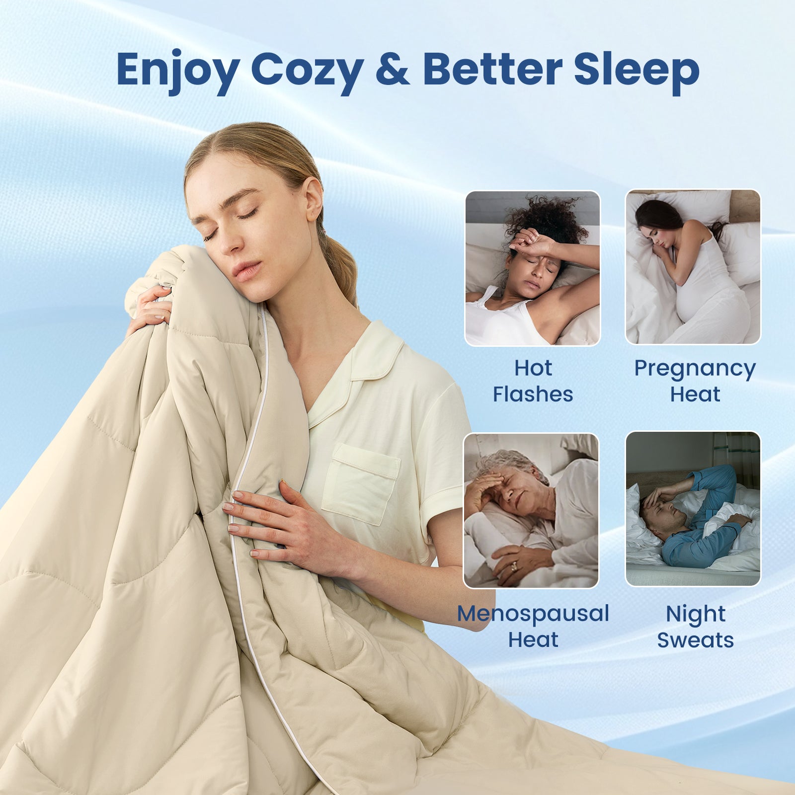 Cooling comforter for hot sleepers, woman enjoying soft breathable comfort with relief from night sweats and body heat.#Color_Khaki