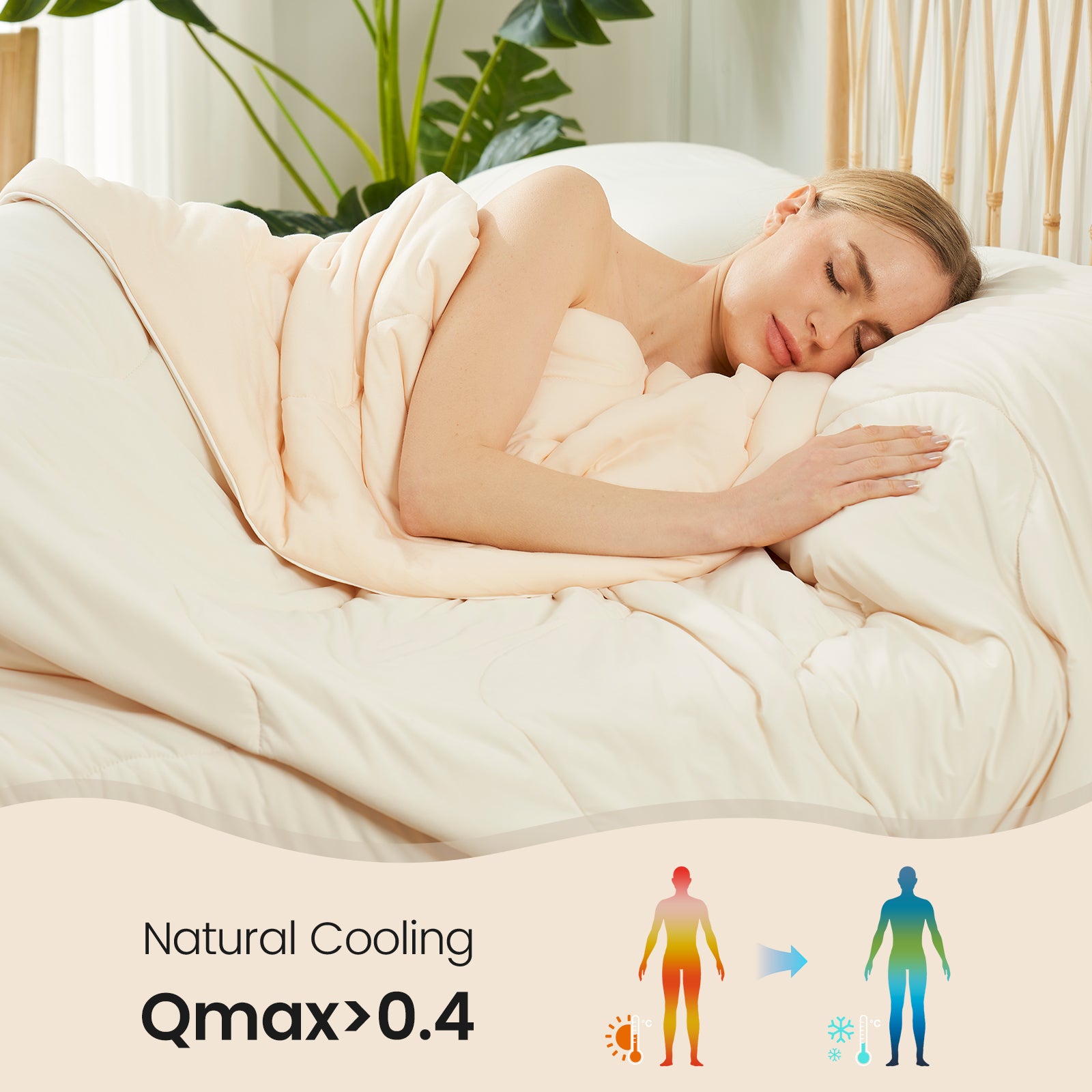 Woman sleeping under beige cooling comforter, showcasing its cooling effect. Features: Natural Cooling Qmax>0.4. #color_Ivory