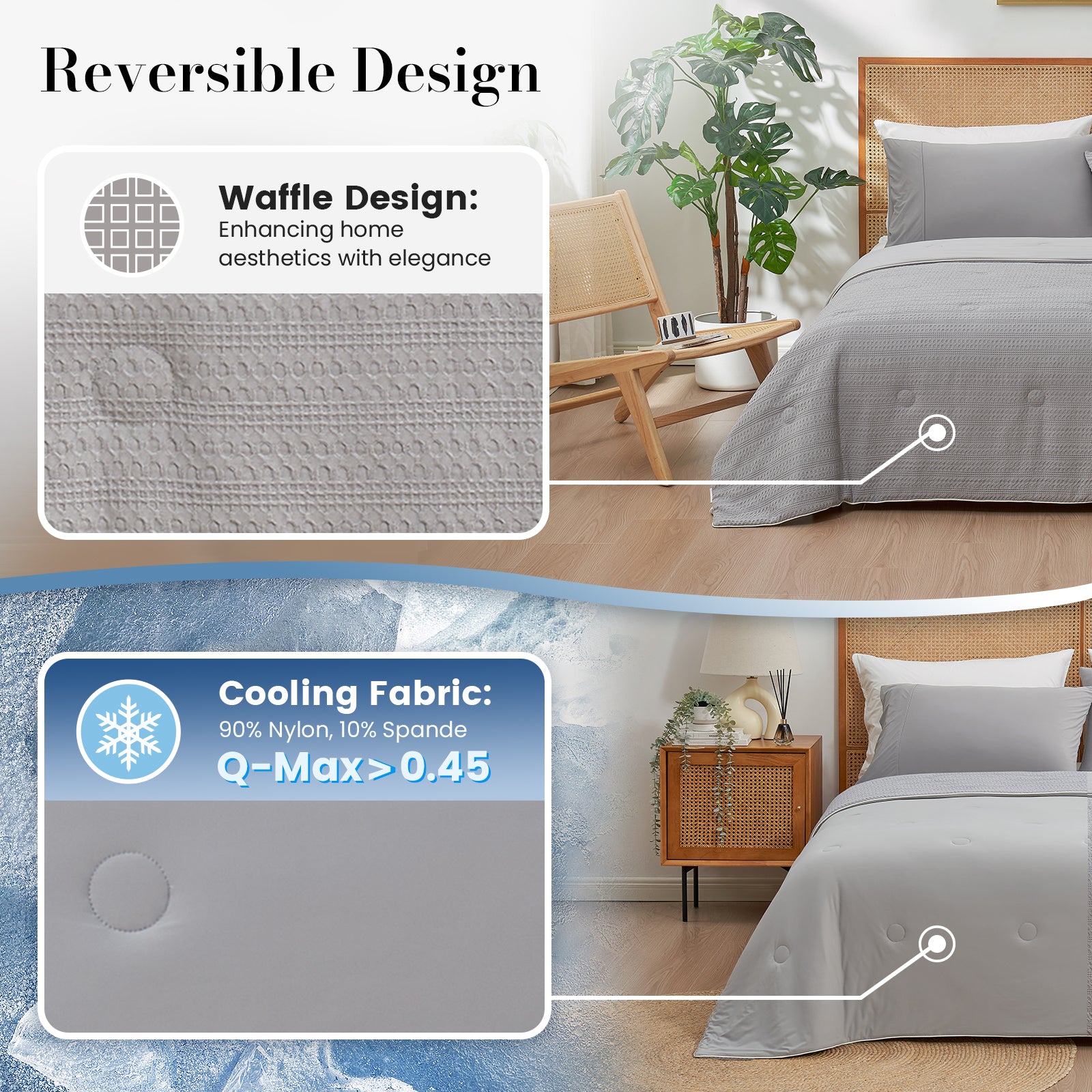 Dual sided waffle cooling comforter design that improves airflow and heat dissipation.#color_Grey