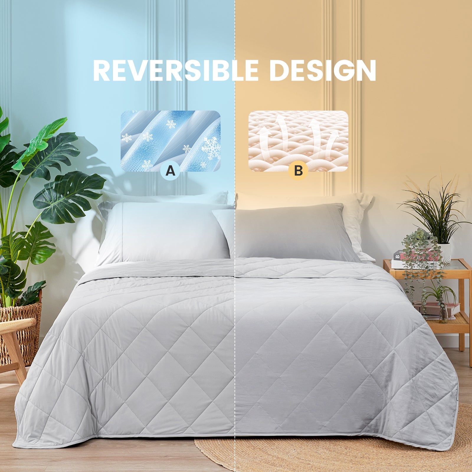 Dual-sided cooling blanket: cooling and breathable sides, diamond-stitched design, for year-round comfort. #Color_Cool Grey