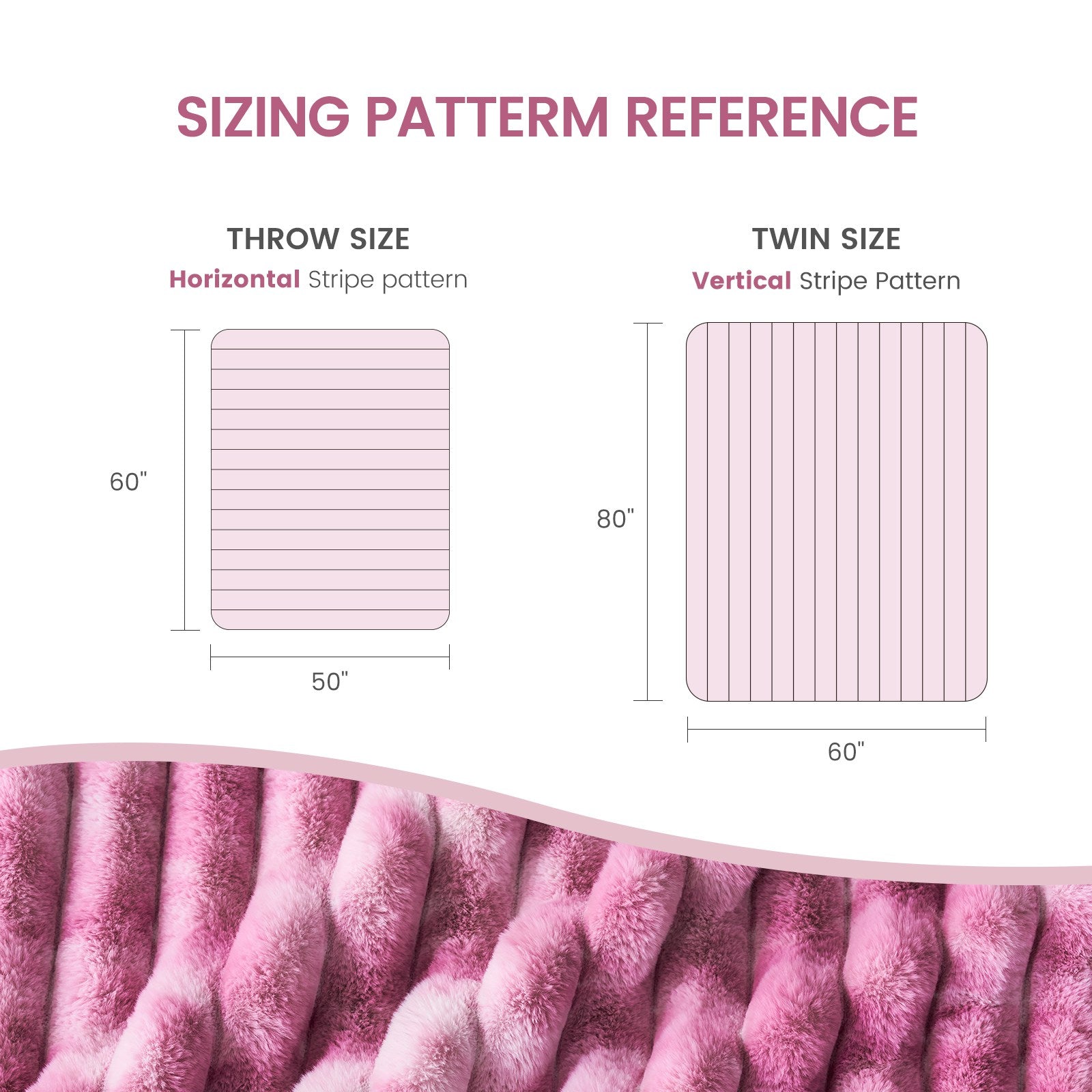 Cozy Bliss faux fur blanket size chart: Throw and Twin sizes with stripe patterns and dimensions #color_Tie-dye Pink