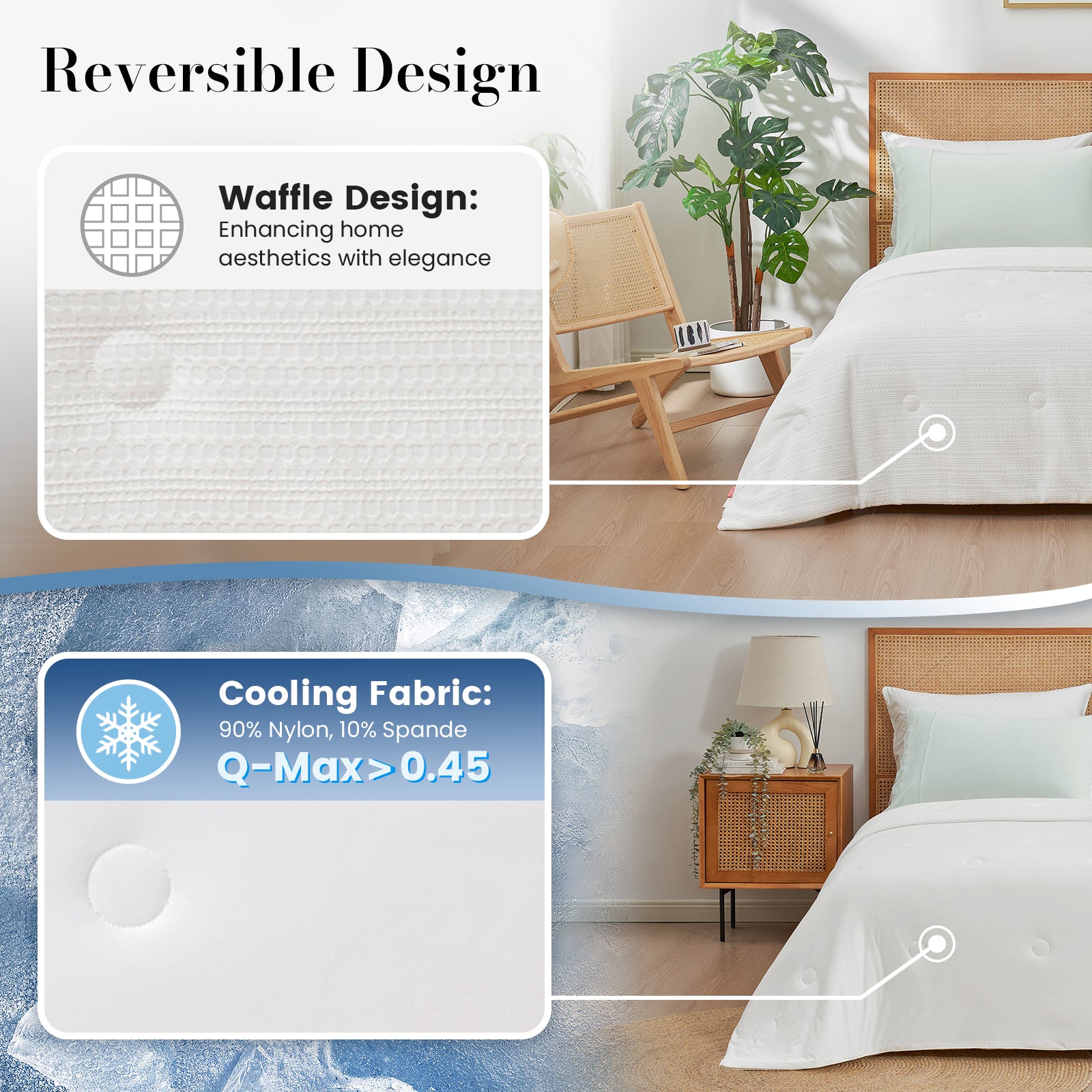 Dual sided waffle cooling comforter design that improves airflow and heat dissipation.#color_White