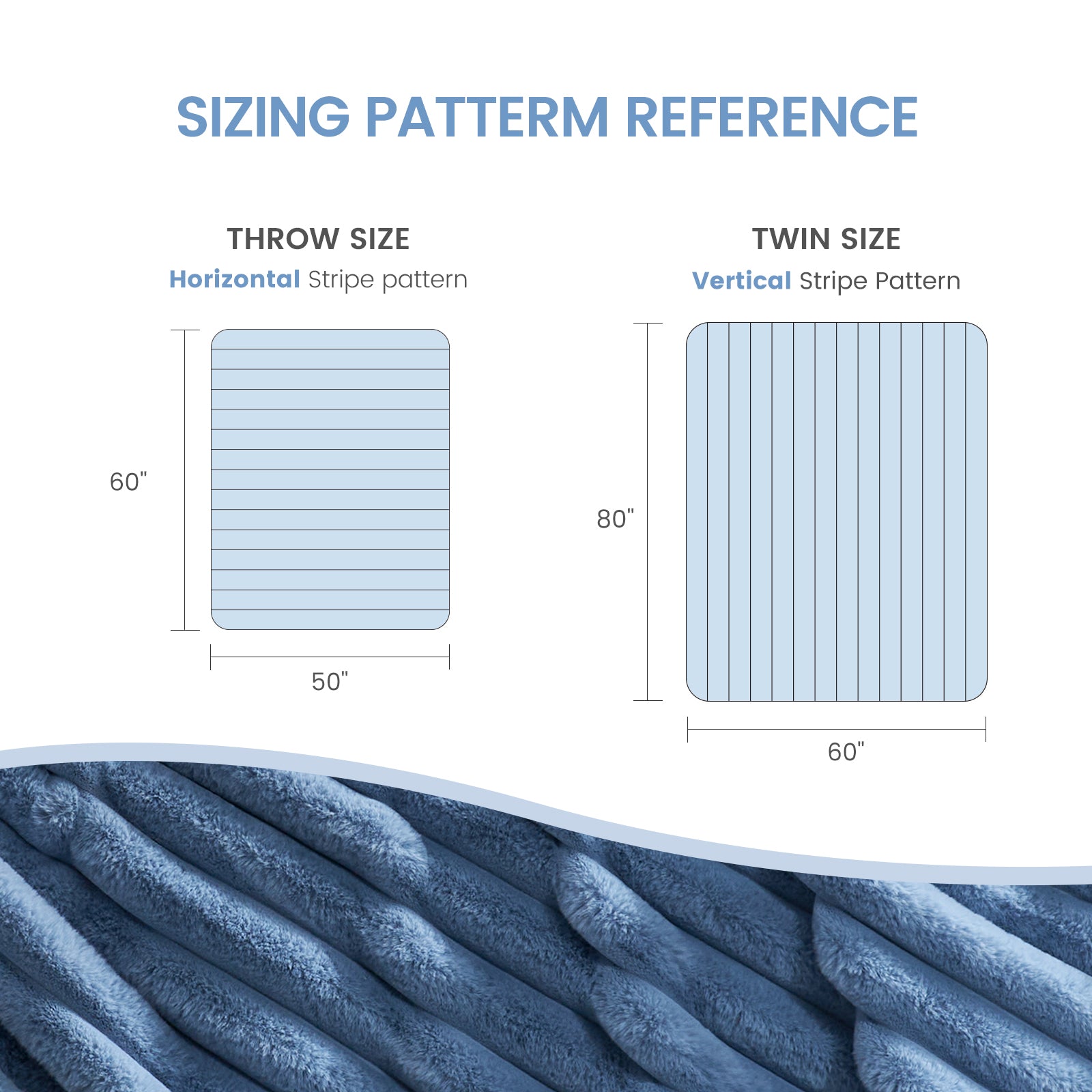 Striped faux fur blanket size guide: horizontal and vertical stripe options, cozy blanket dimensions. #color_Light Blue