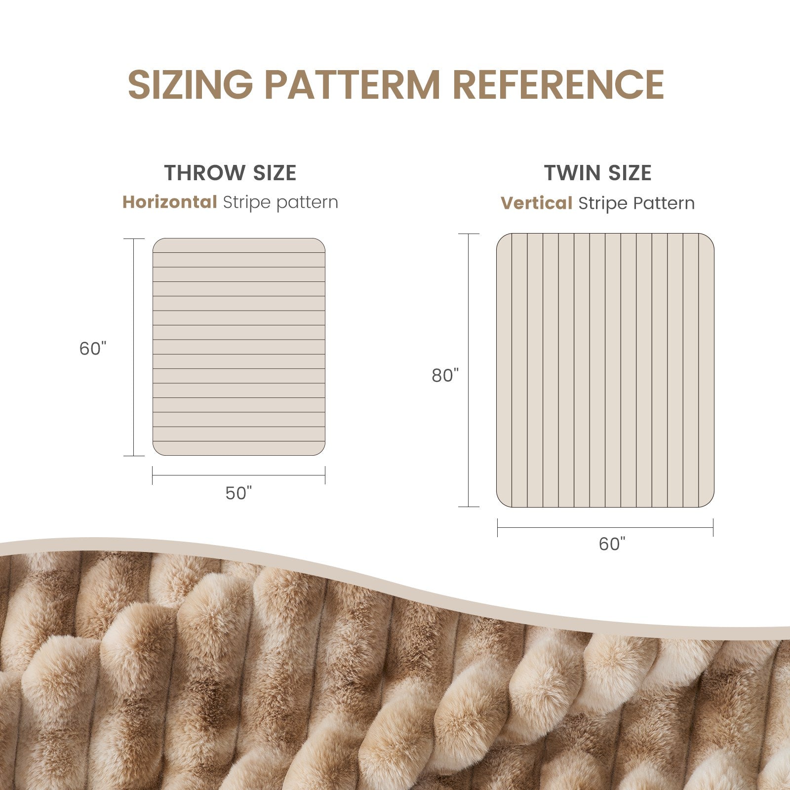 triped faux fur blanket sizing: Throw (horizontal stripes), Twin (vertical stripes). Cozy bedding. #color_Tie-dye Khaki
