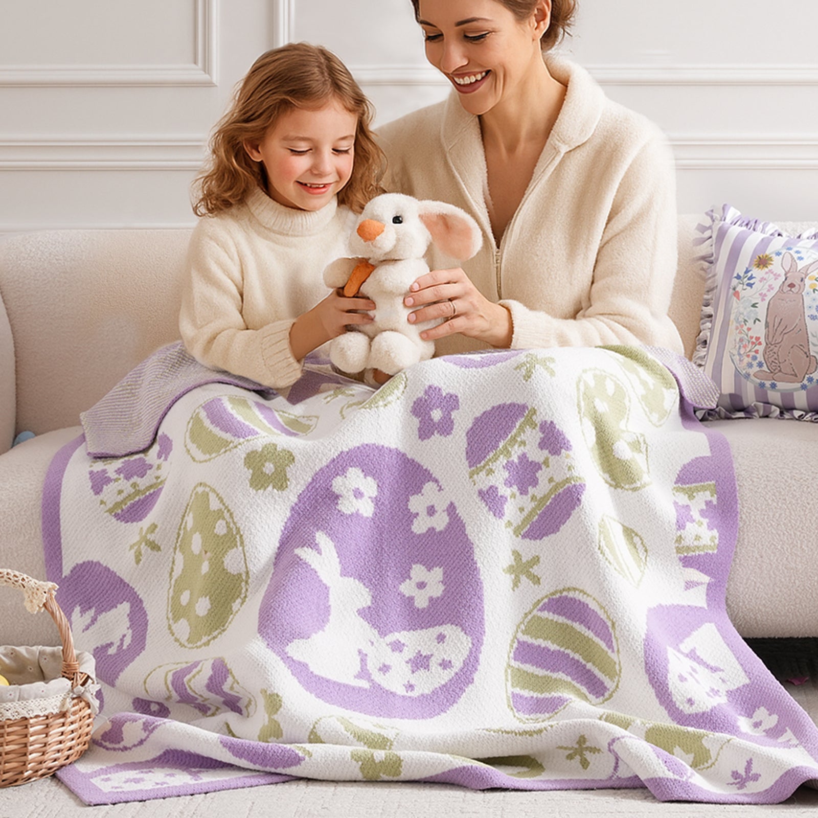 Easter Bunny and Eggs Chenille Knit Throw Blanket