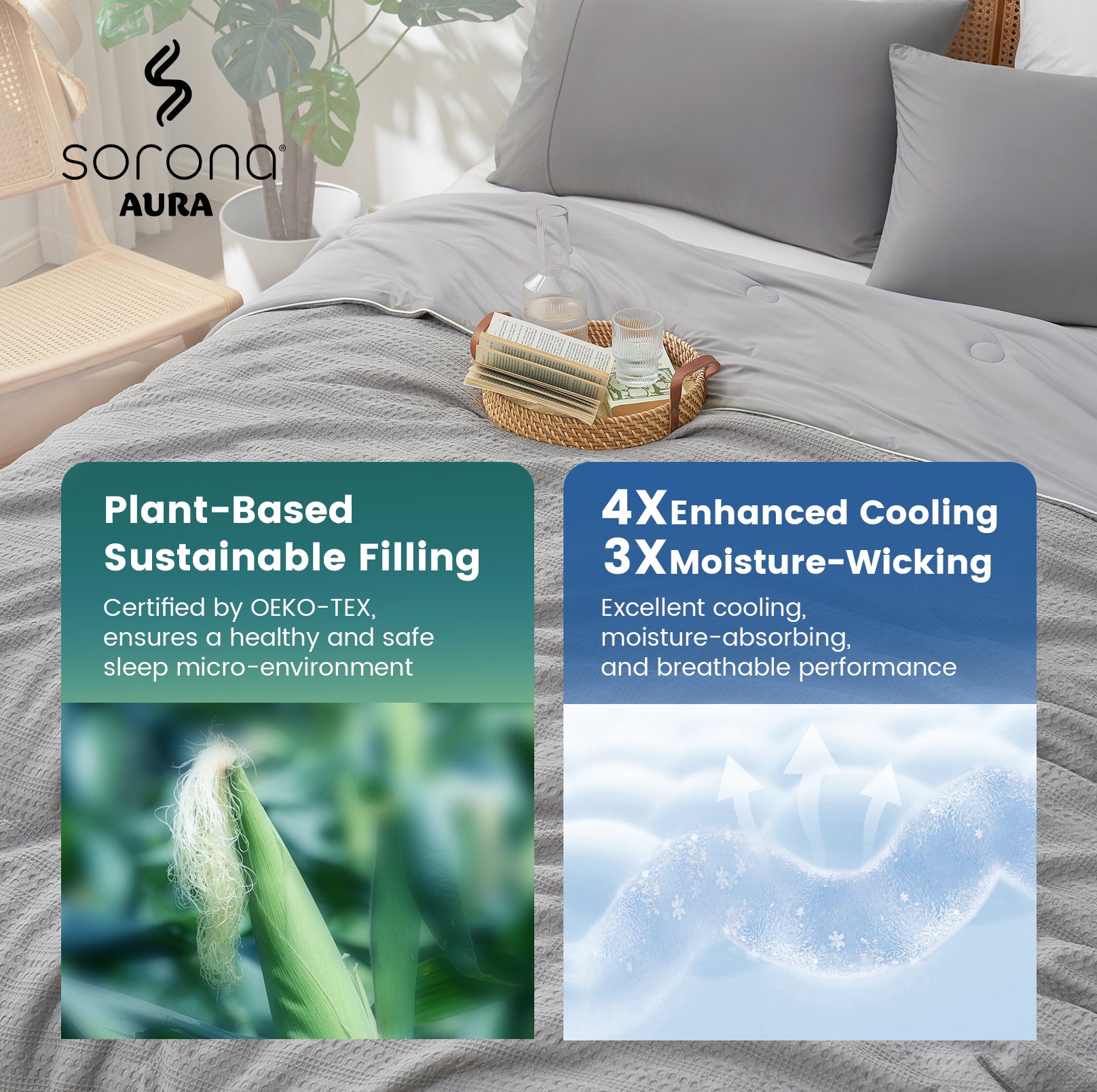 Sorona® cooling comforter on bed with plant-based sustainable filling, enhanced cooling and moisture-wicking breathable performance.#color_Grey