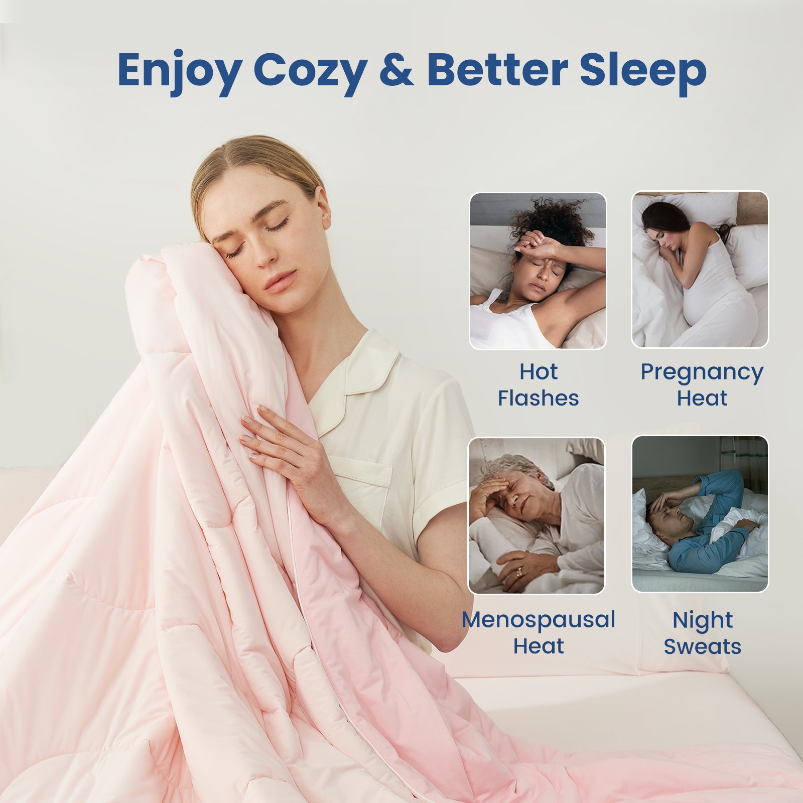 Cooling comforter for hot sleepers, woman enjoying soft breathable comfort with relief from night sweats and body heat.#color_Cool Pink