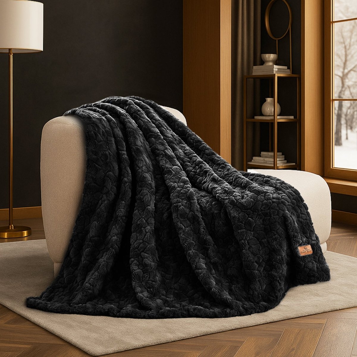 Premium Brushed Faux Fur Throw Blanket draped over a modern accent chair with elegant plush texture #color_Black