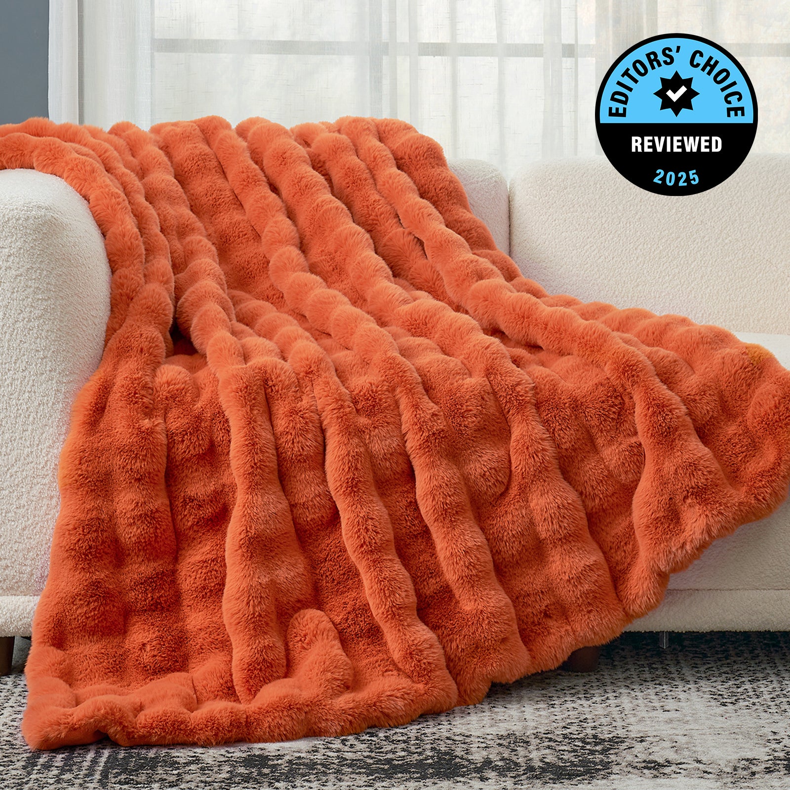 Cozy Bliss Luxurious Bubble Faux Fur Throw Blanket in orange front view. #Color_Burnt Orange