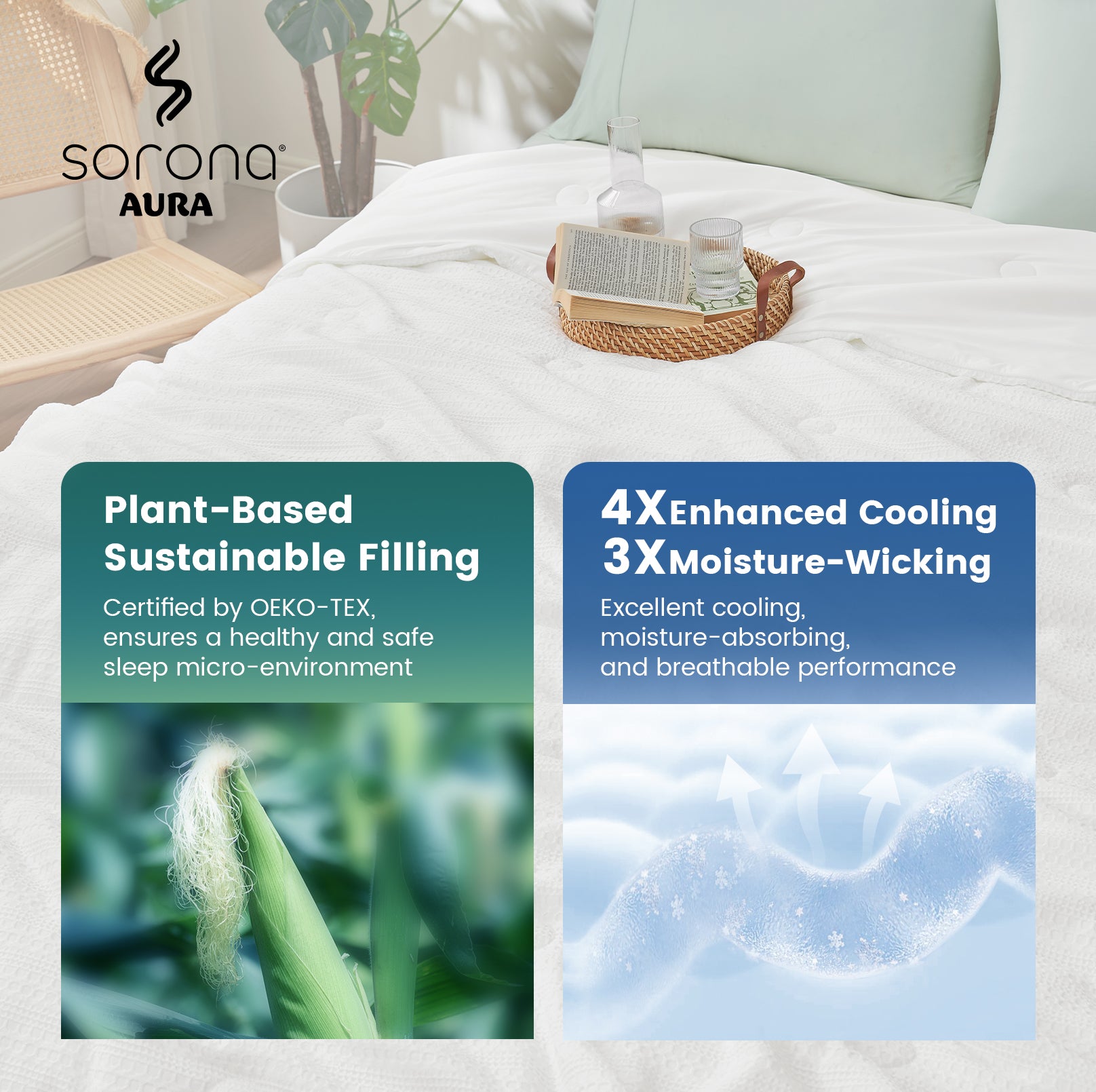 Sorona® cooling comforter on bed with plant-based sustainable filling, enhanced cooling and moisture-wicking breathable performance.#color_White