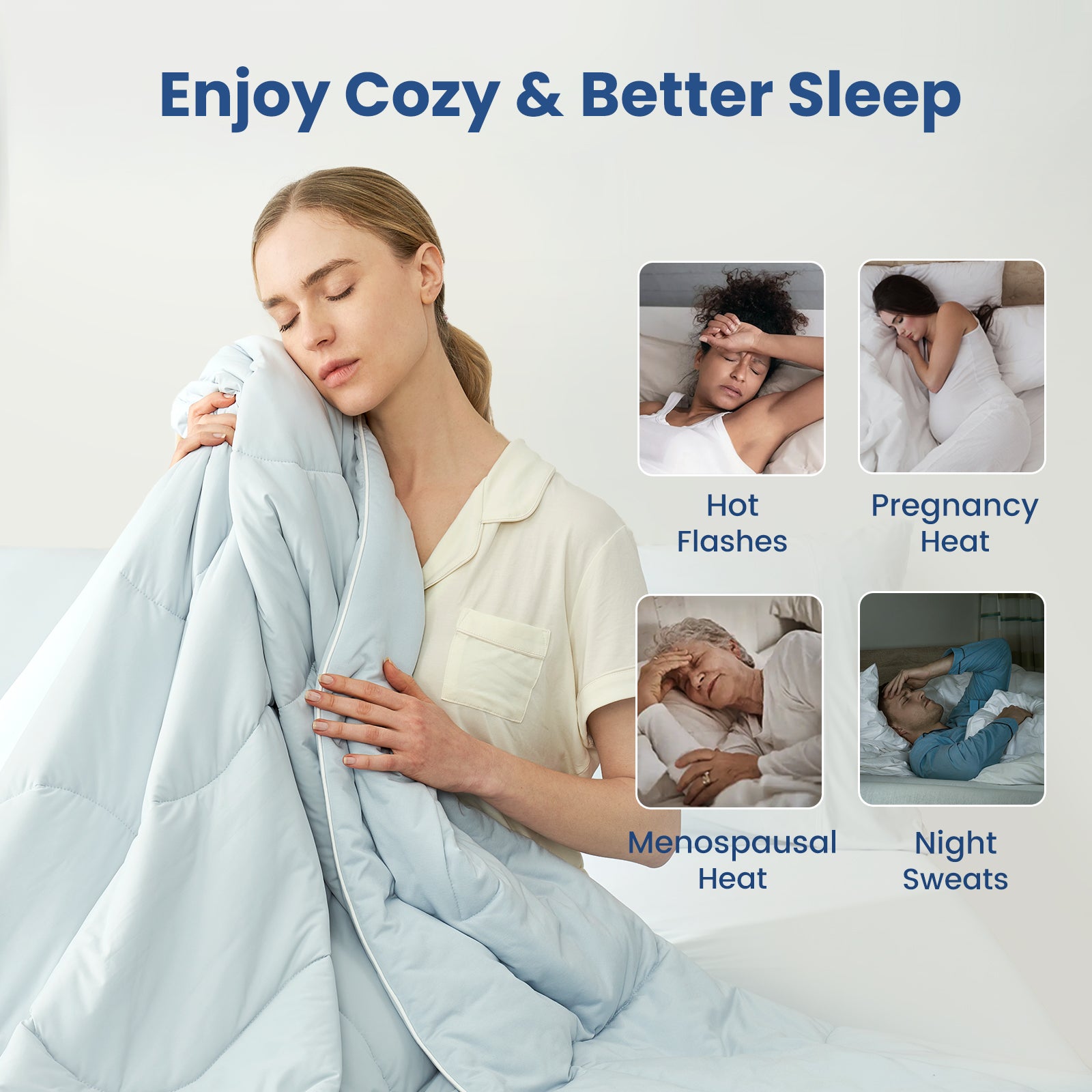 Cooling comforter for hot sleepers, woman enjoying soft breathable comfort with relief from night sweats and body heat.#color_Cool Blue