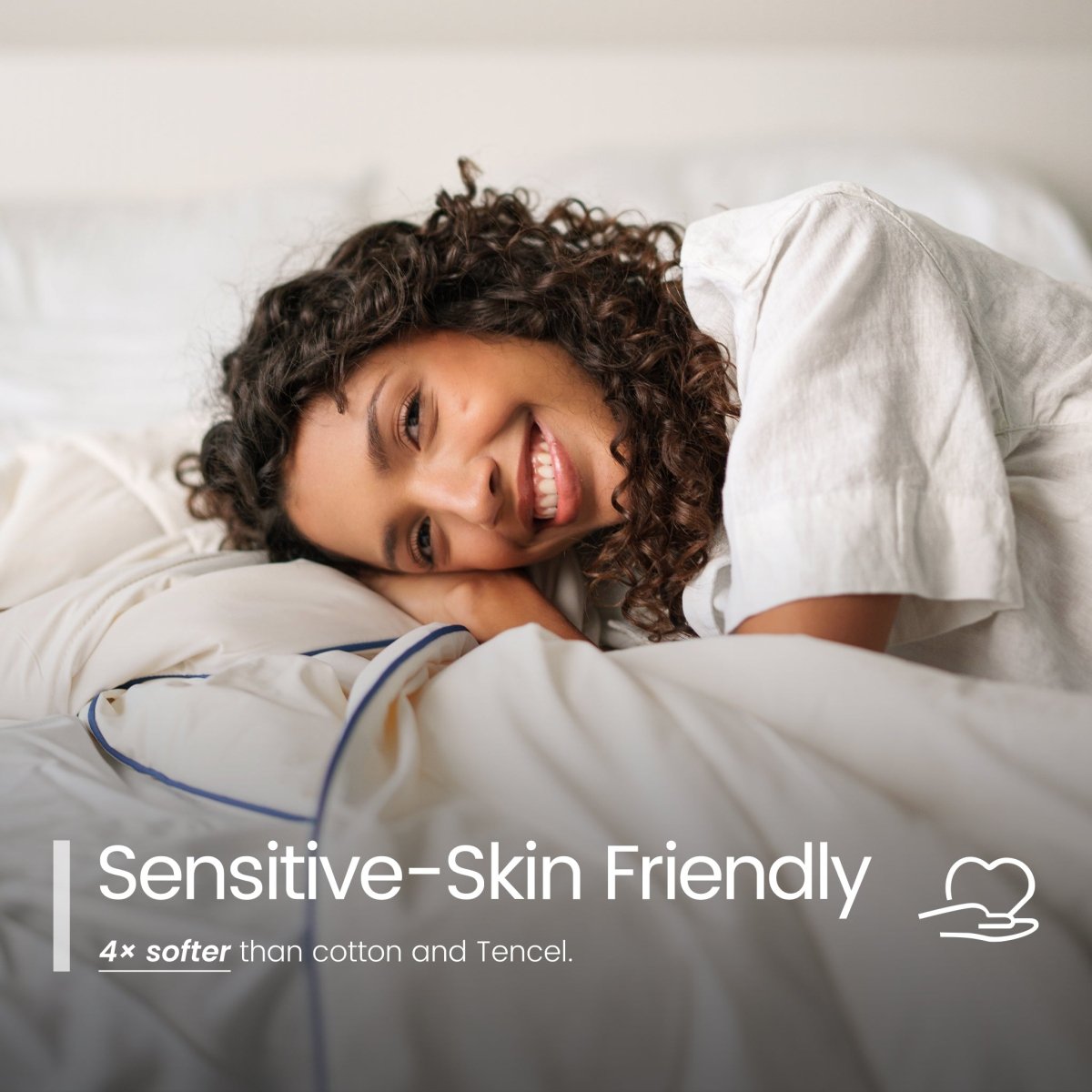 Woman lying in bed with a 'Sensitive-Skin Friendly' product label#color_Ivory